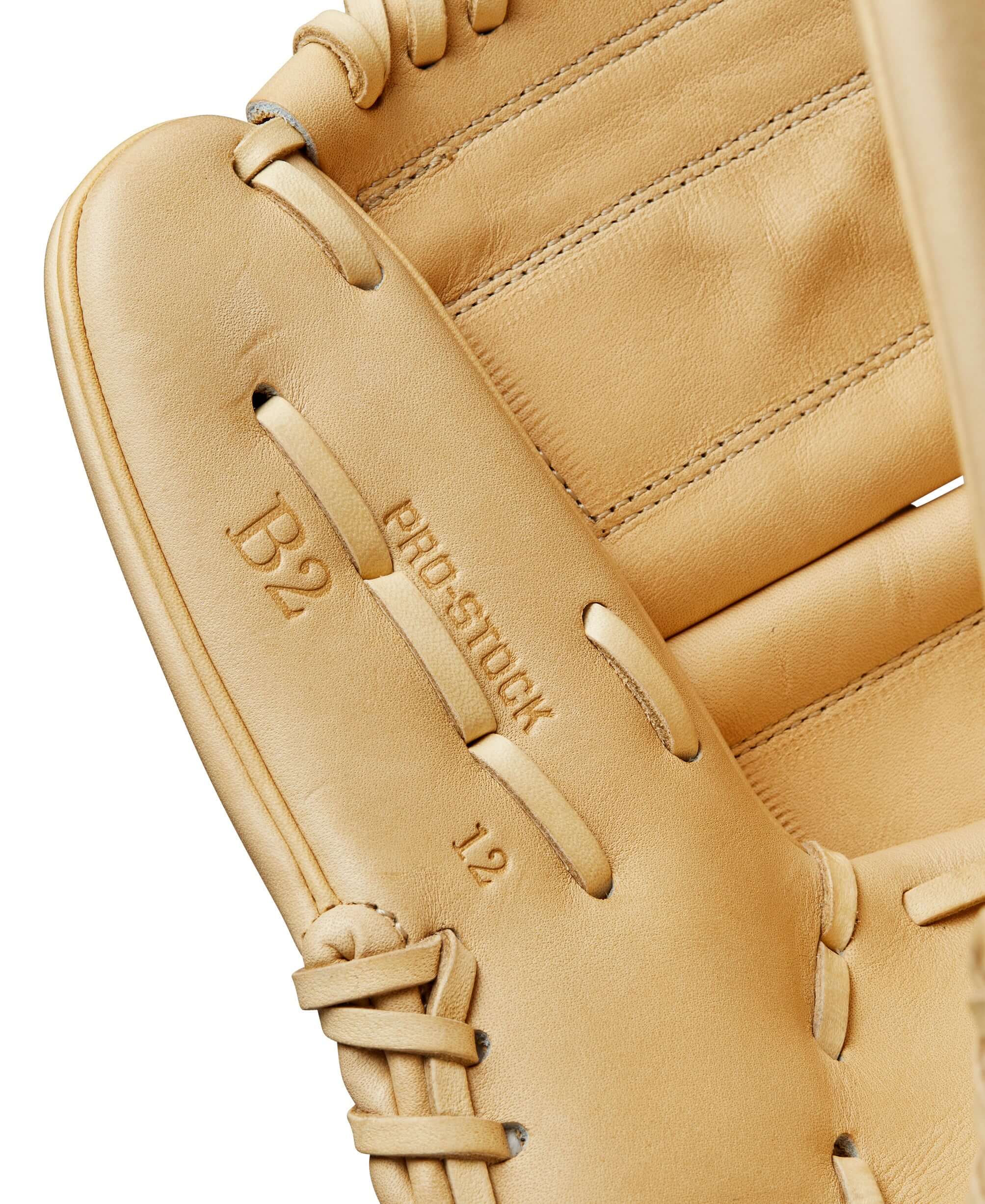 Close-up view of Wilson 2024 A2000 B2 Classic Series Pitcher's Baseball Glove, highlighting Pro Stock leather and B2 branding