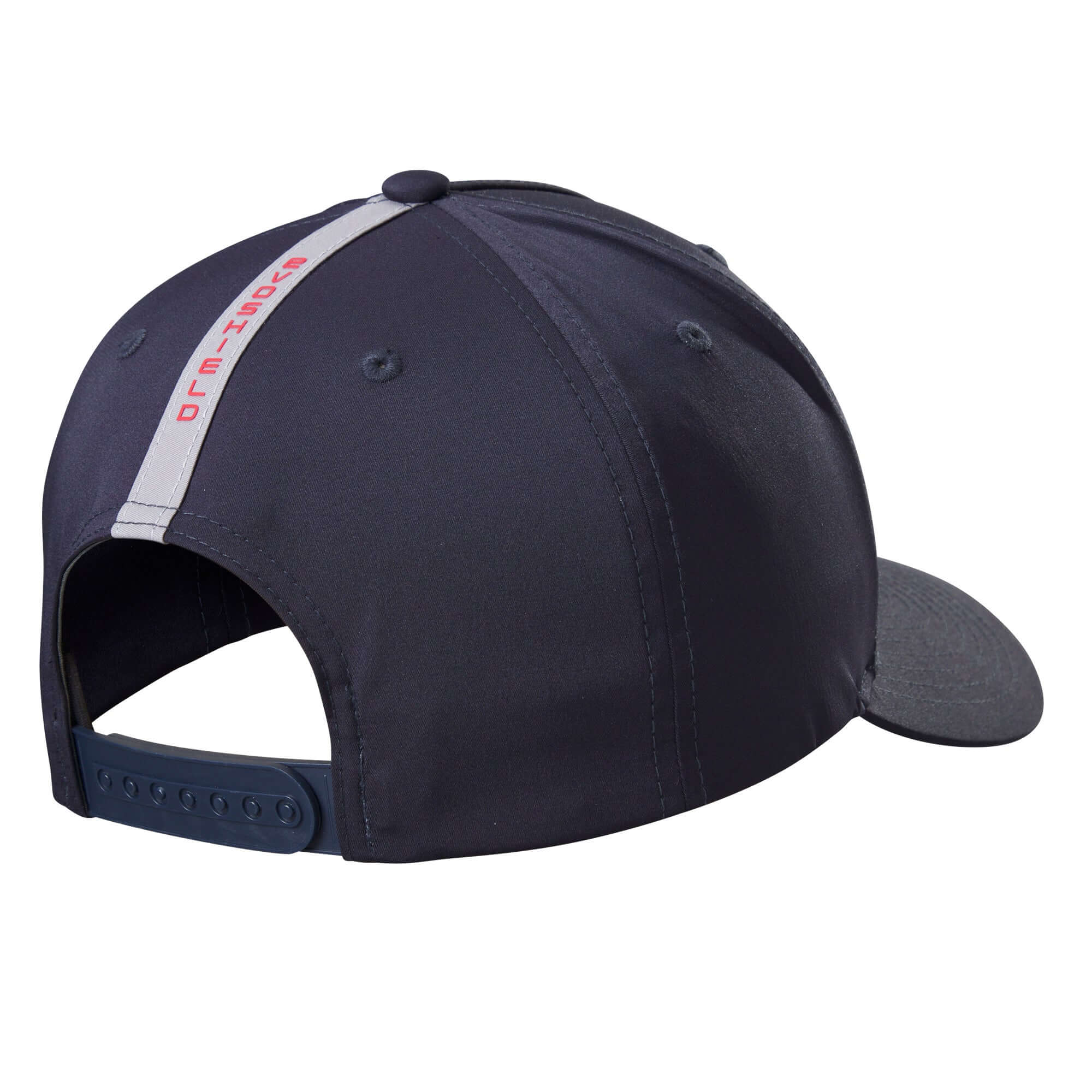 Back view of the navy EvoShield Baseline Snapback cap featuring red logo on silver tape and adjustable snapback fit.