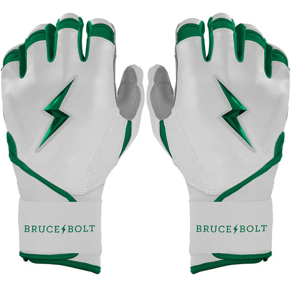 Both hands wearing Bruce Bolt Premium Pro Chrome Long Cuff Batting Gloves in green.