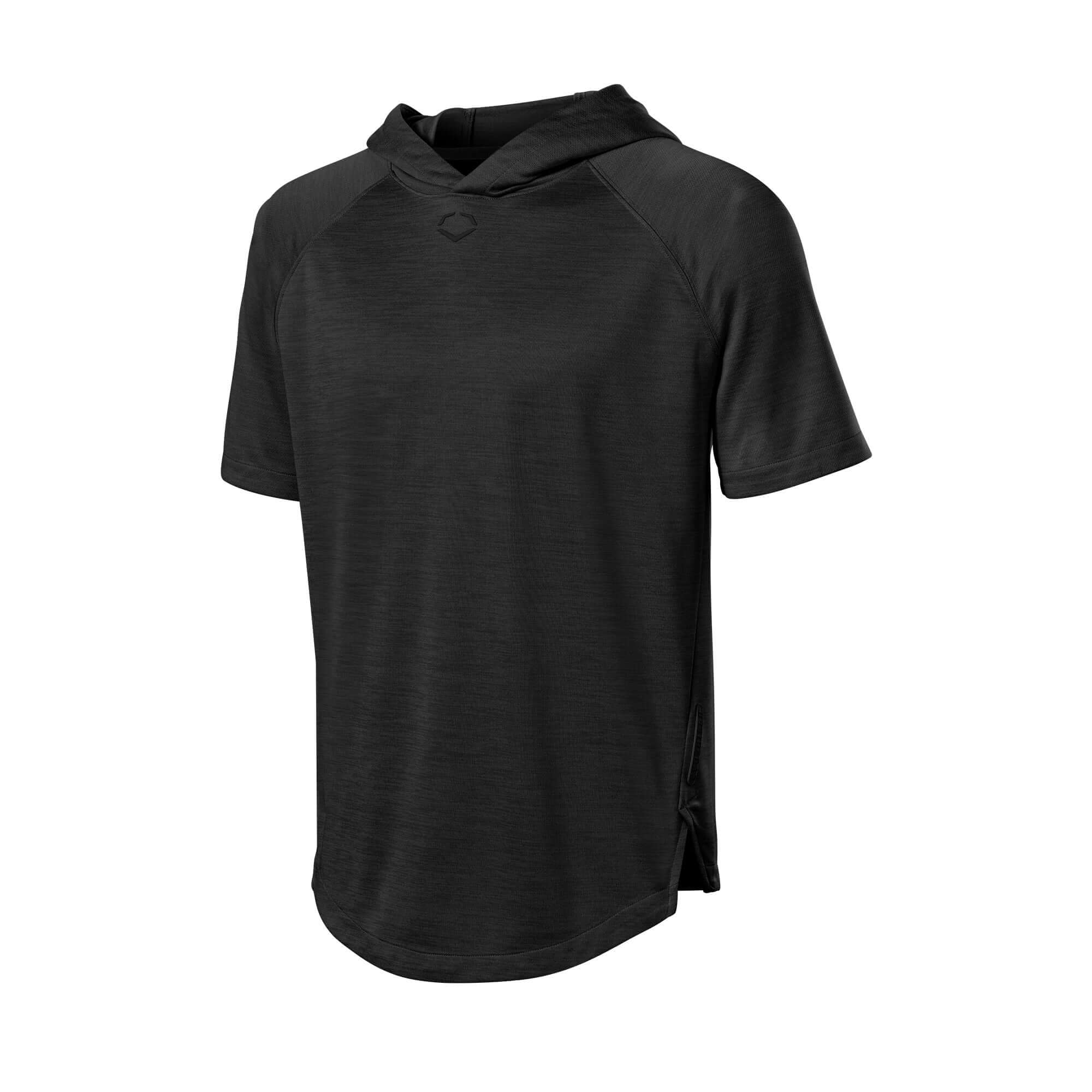 EvoShield Men's LW Short Sleeve 2.0 Hoodie in Black Heather, ideal for warm weather workouts and outdoor activities.