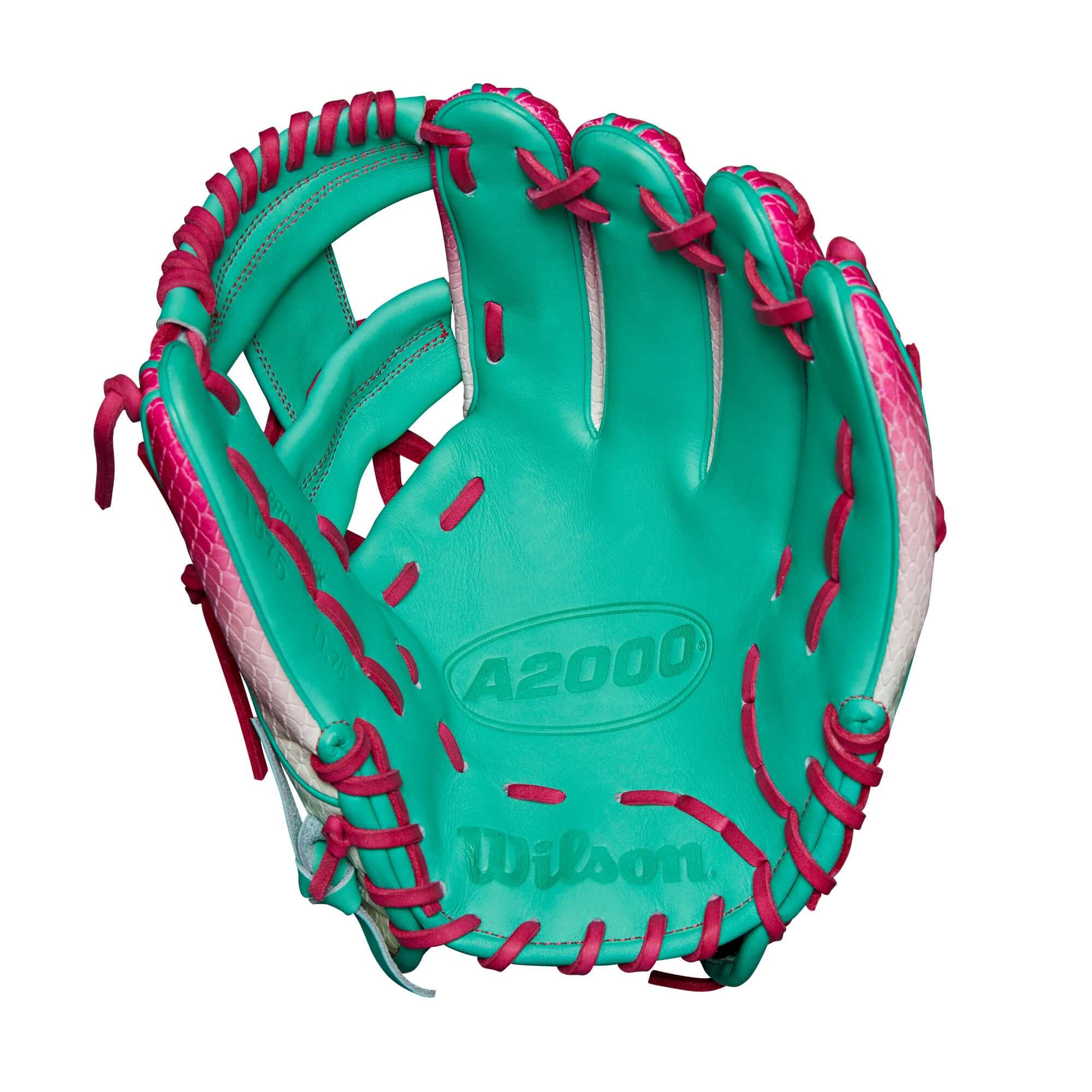 Wilson A2000 1975 glove with Pink to Seafoam gradient, SuperSnakeSkin™ design and deeper pocket for secure ball handling.