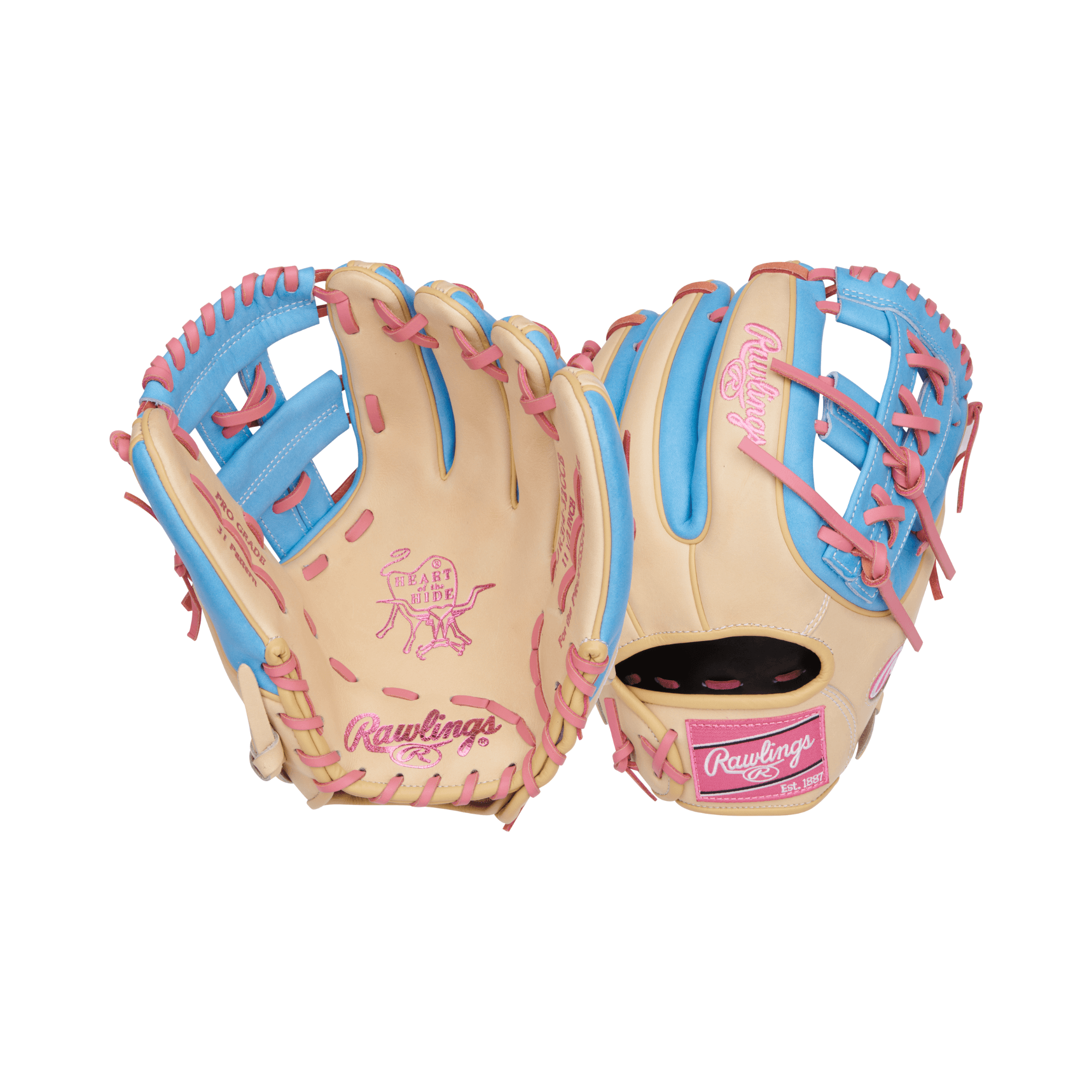 Rawlings Heart of the Hide 11.5-inch infield glove in camel and columbia blue with pink laces