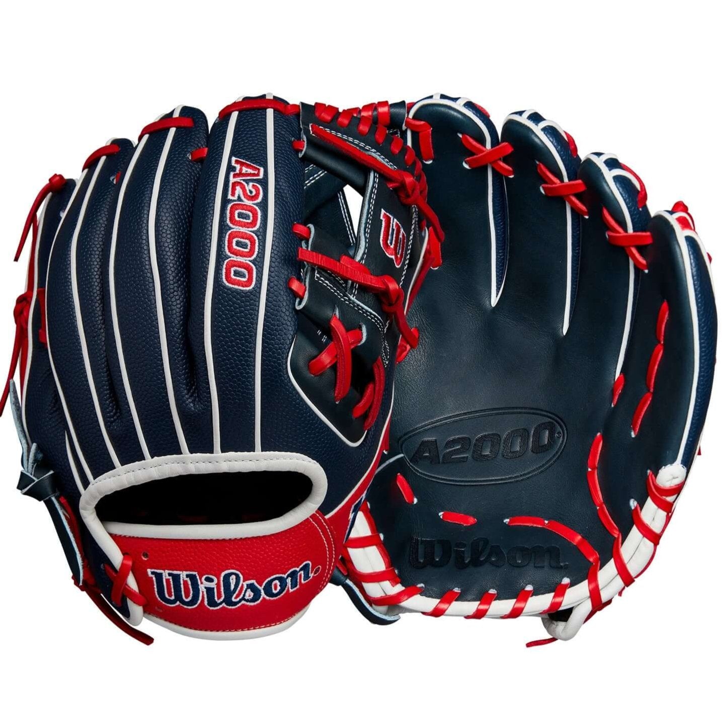 Wilson A2000 1786 Glove July 2024 in Navy and Red, featuring SuperSkin™ and shallow pocket design for quick turns.