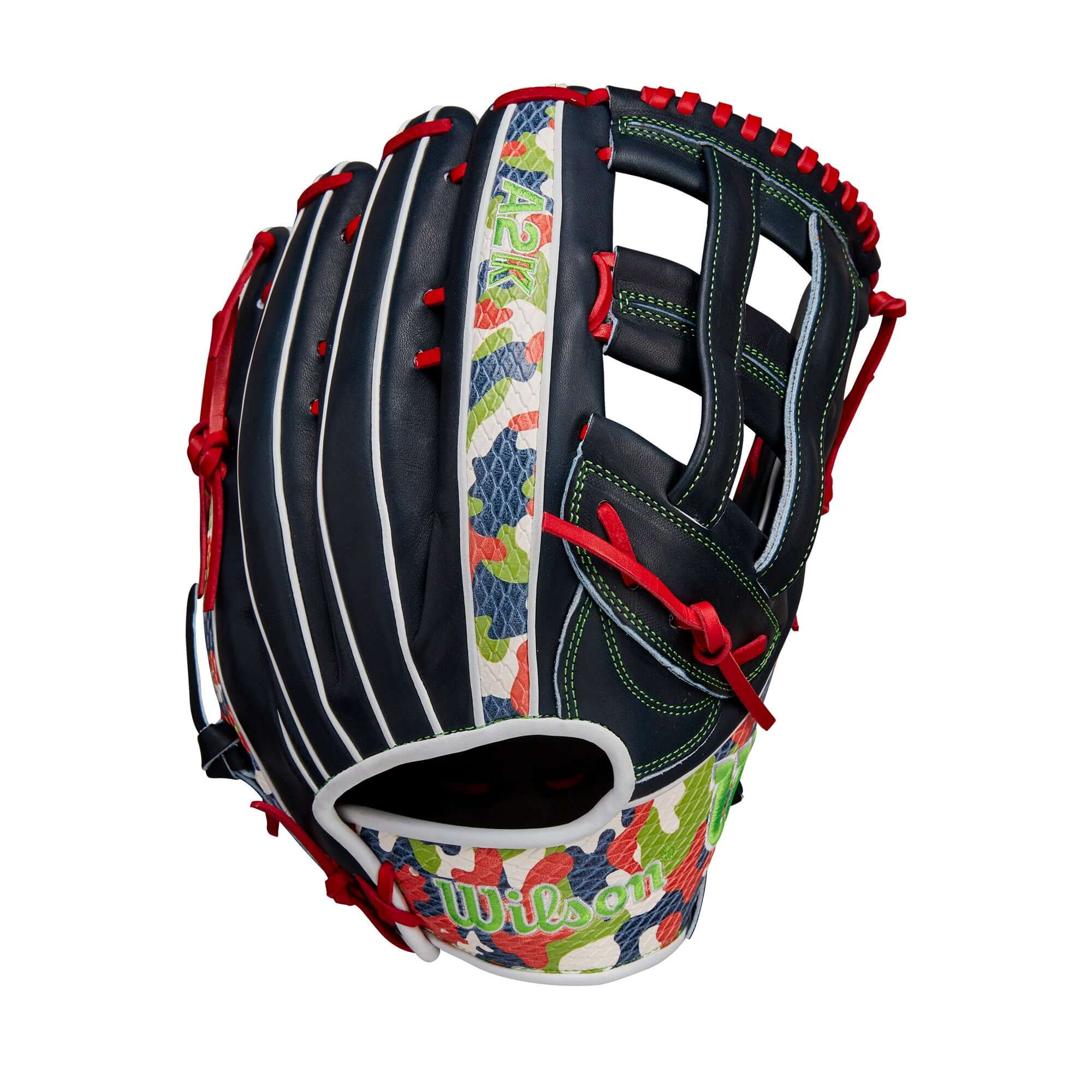 Wilson A2K Michael Harris 12.75" outfield baseball glove in navy with neon accents and bold logos, perfect for dramatic plays.