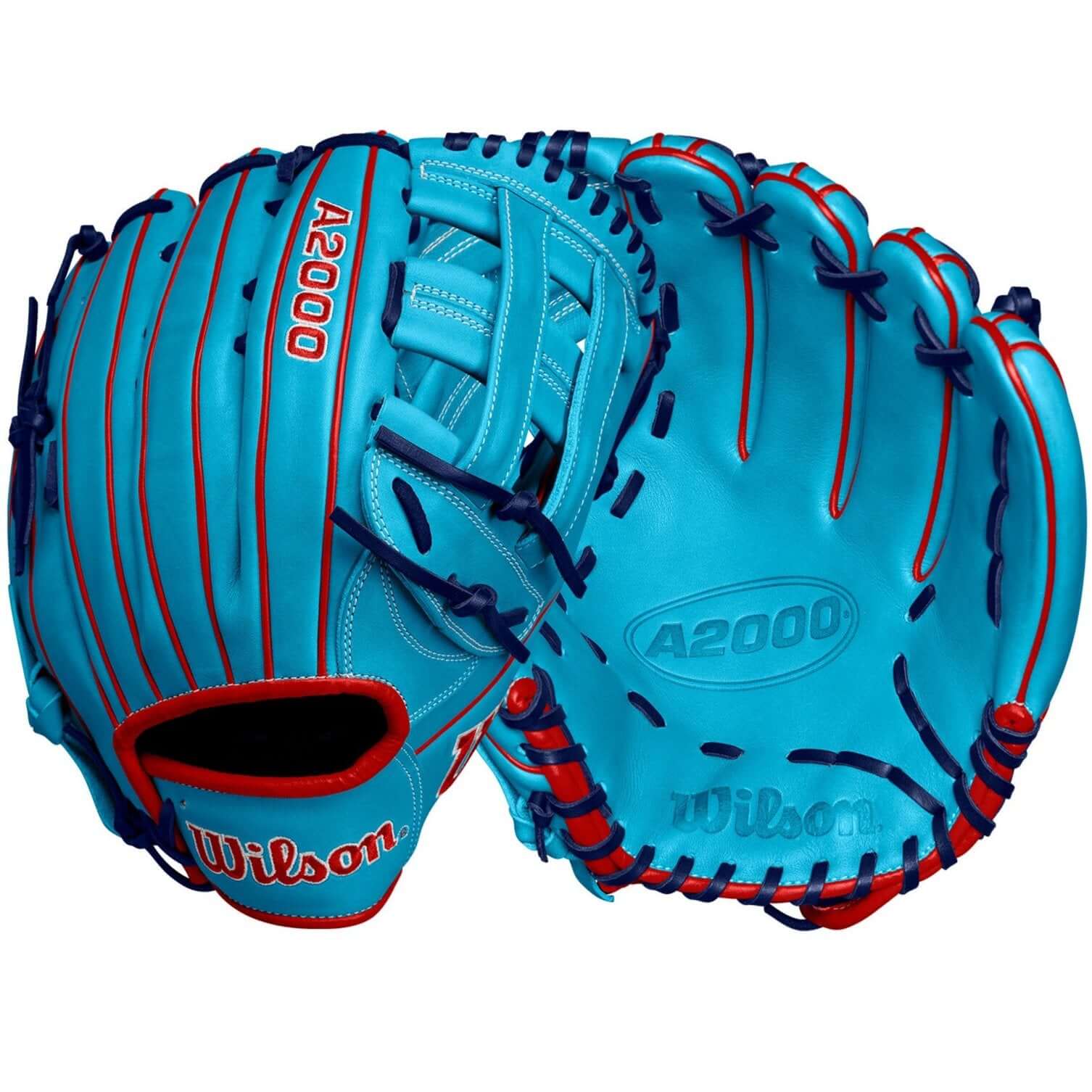 Wilson A2000 1750 Outfield Glove, Sky Blue/Red, 12.5, Pro Stock Leather, Dual Post Web, Right-Hand Throw