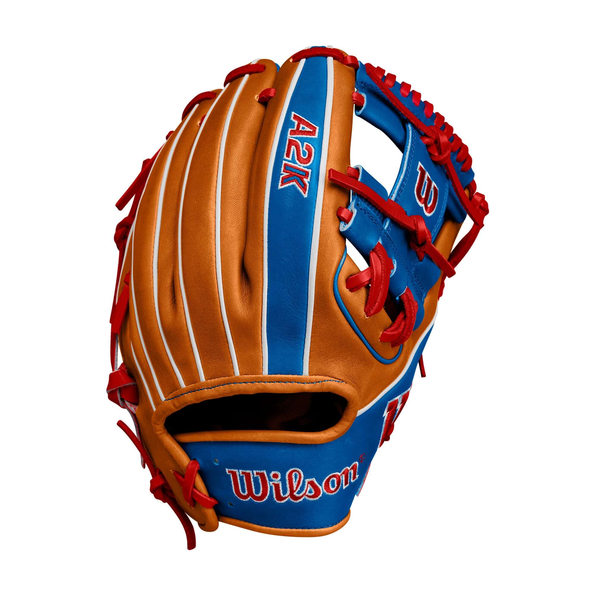 Wilson A2K 1786 infield baseball glove in Saddle Tan and Royal, designed for agility and quick play by Mookie Betts.