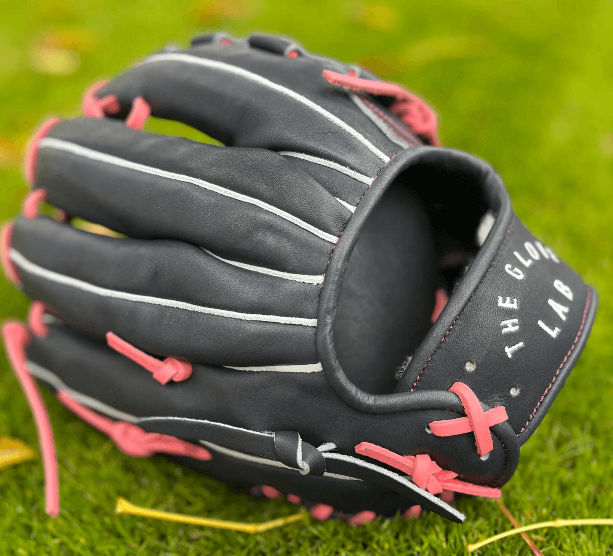 Close-up of closed web design on pitcher's glove for superior depth and disguise.