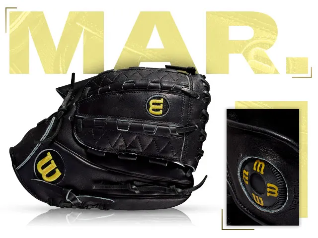 Wilson A2000 GM31 black baseball glove with yellow logo, celebrating March 2018 throwback to Greg Maddux.