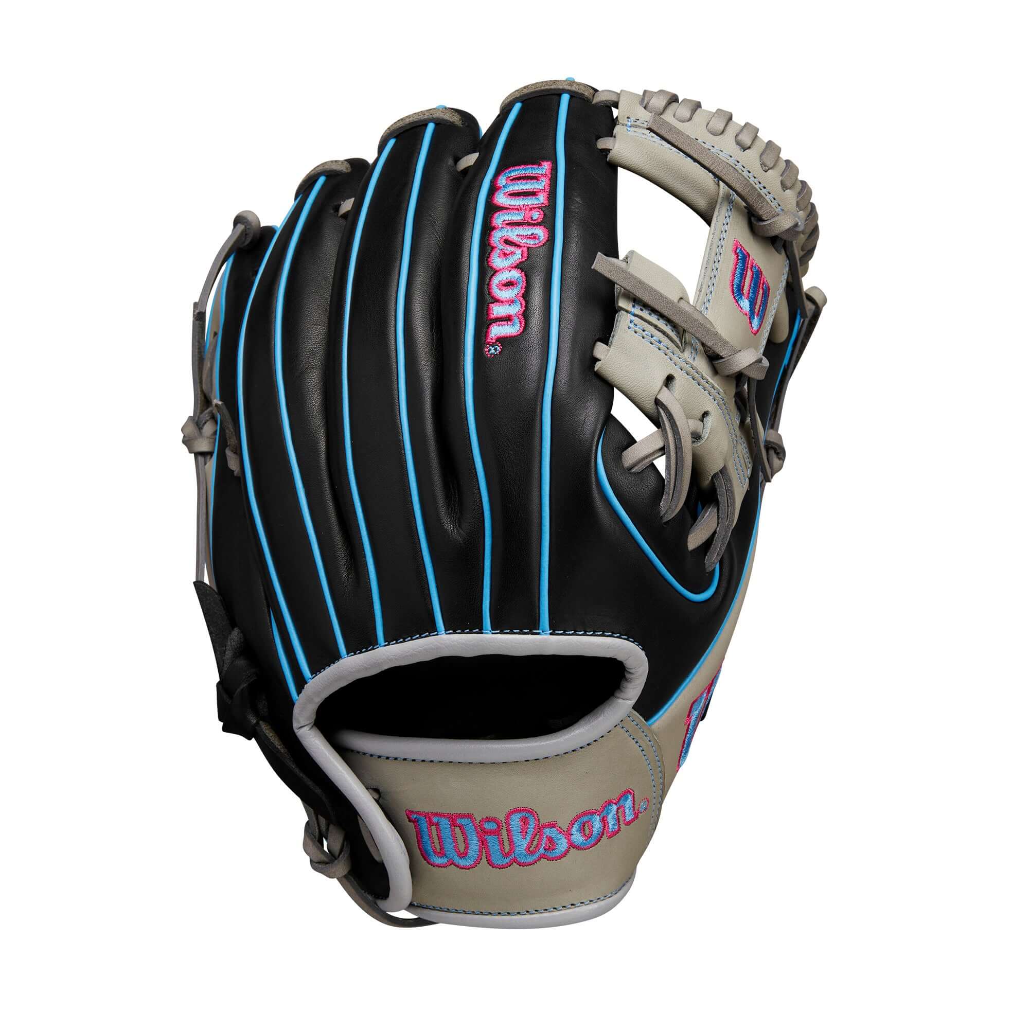 Wilson 2024 A1000 DP15 glove in black, grey, cool blue, and pink with H-Web design and Pedroia Fit technology for young infielders.