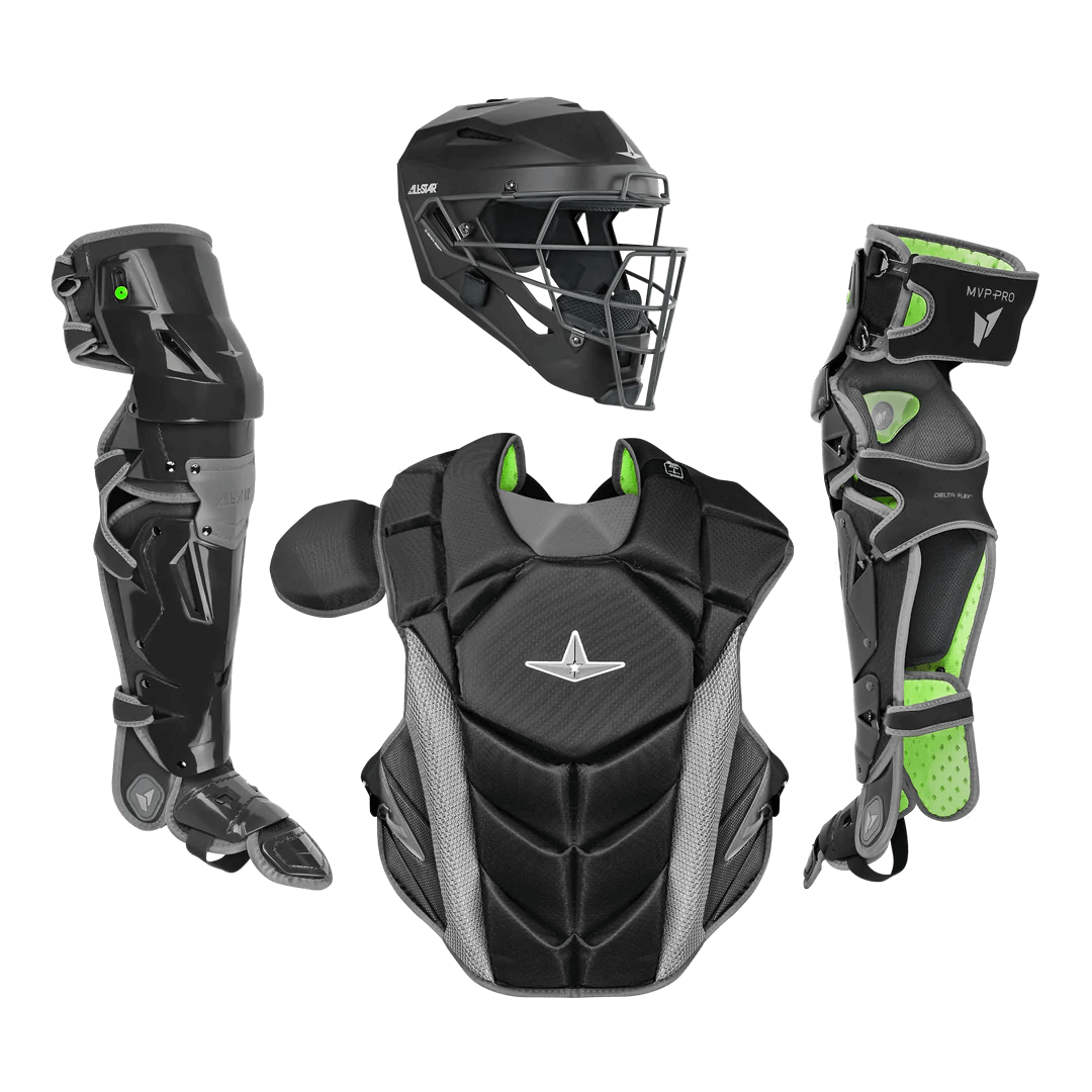 All-Star MVP-PRO Series Adult Catcher's Kit, NOCSAE certified gear for professional catchers, includes helmet, chest protector, and leg guards.