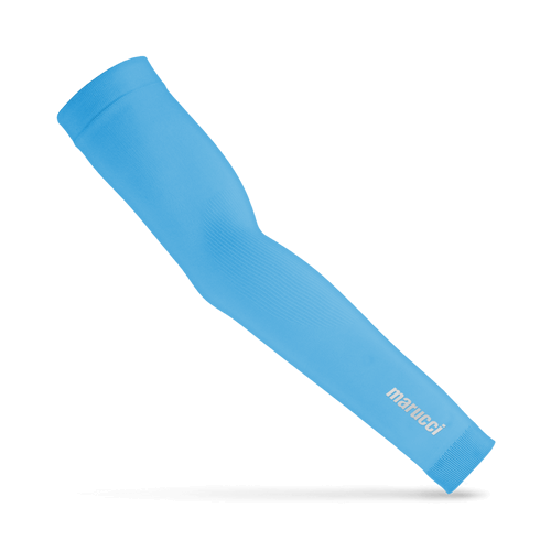 Marucci Knit Arm Sleeve in Columbia Blue featuring breathable fabric and compression fit for sports performance.