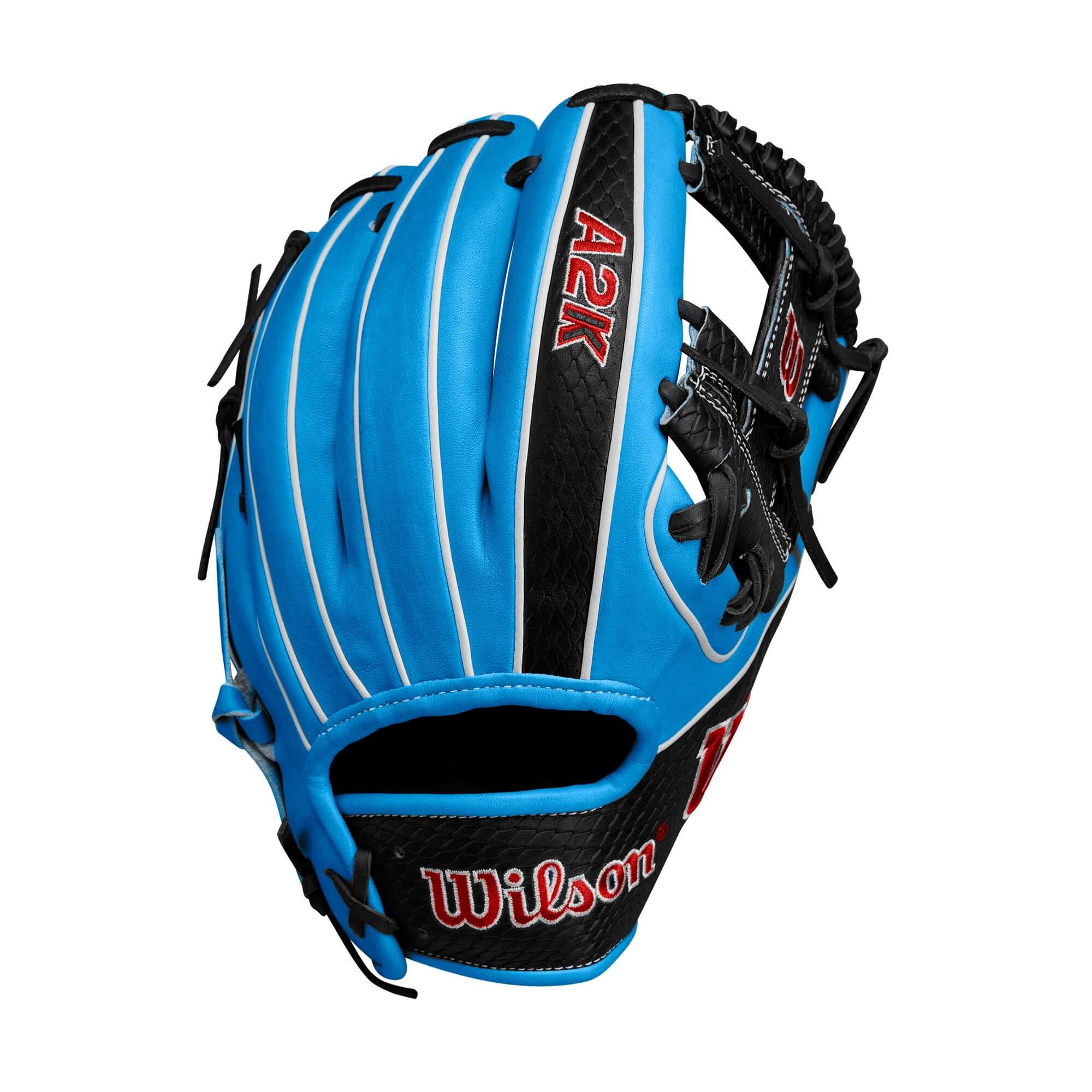 Wilson A2K 1786 baseball glove in Tropical Blue and Navy, designed for quick transfers and double plays, 11.5 inches.