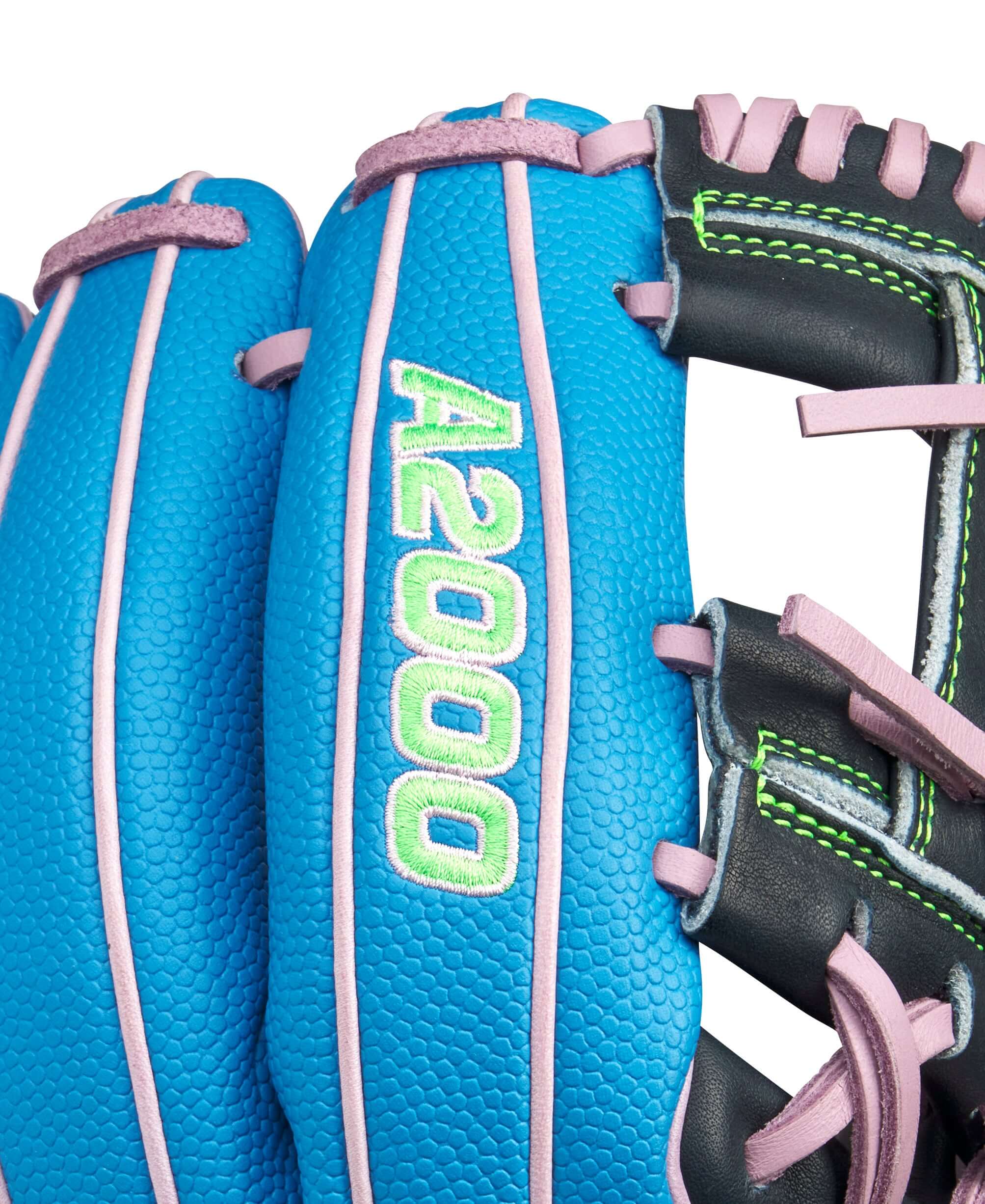 Close-up of Wilson A2000 1786SS Sky Blue glove, showcasing Navy Blue leather and Lavender accents.