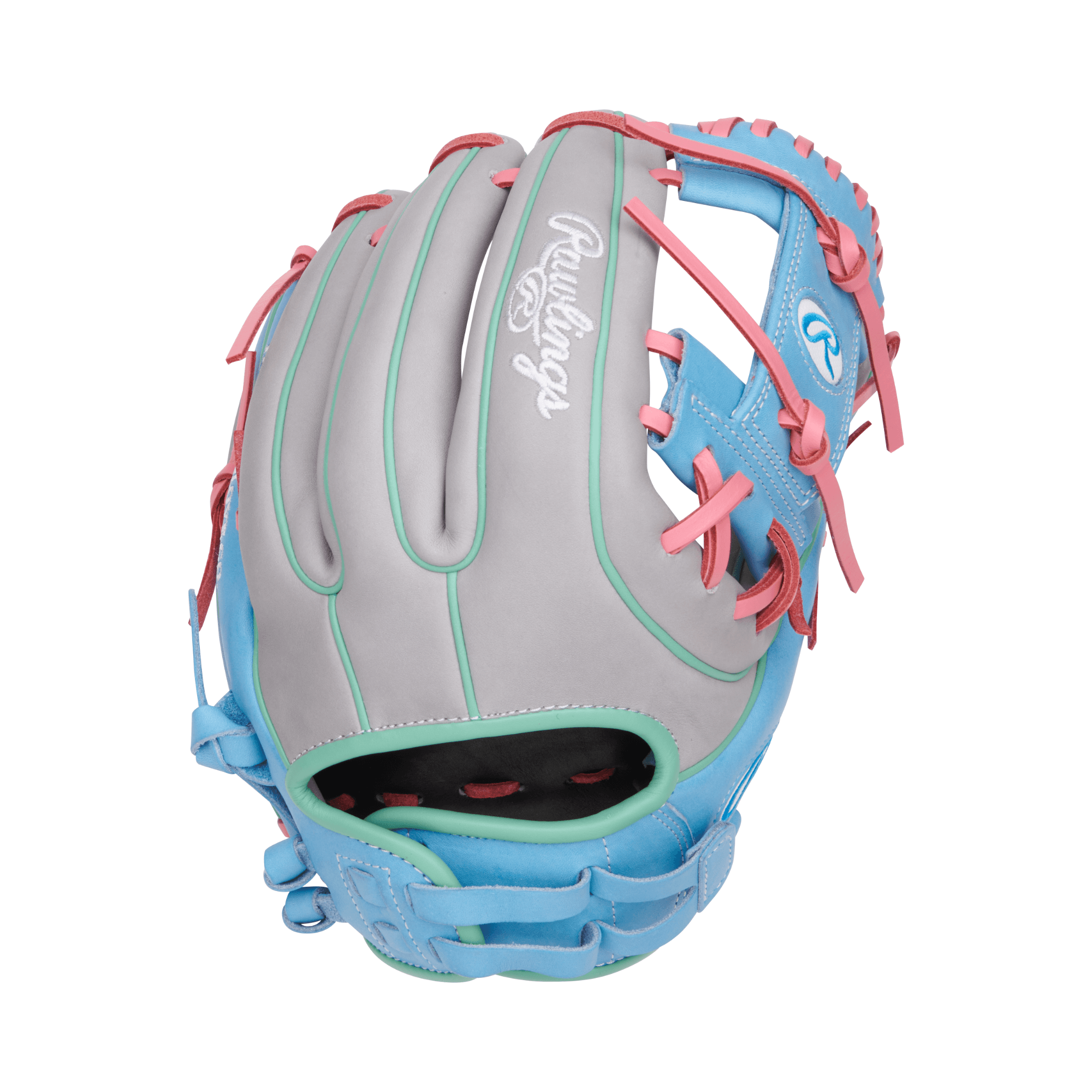 Rawlings Heart of the Hide Series Softball Glove, Gray/Columbia Blue, 12 inches, for adult fastpitch players.