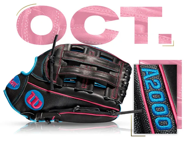 Wilson A2000 SP125 glove with black and pink design, showcasing "OCT" and detailed stitching. Perfect for baseball enthusiasts.