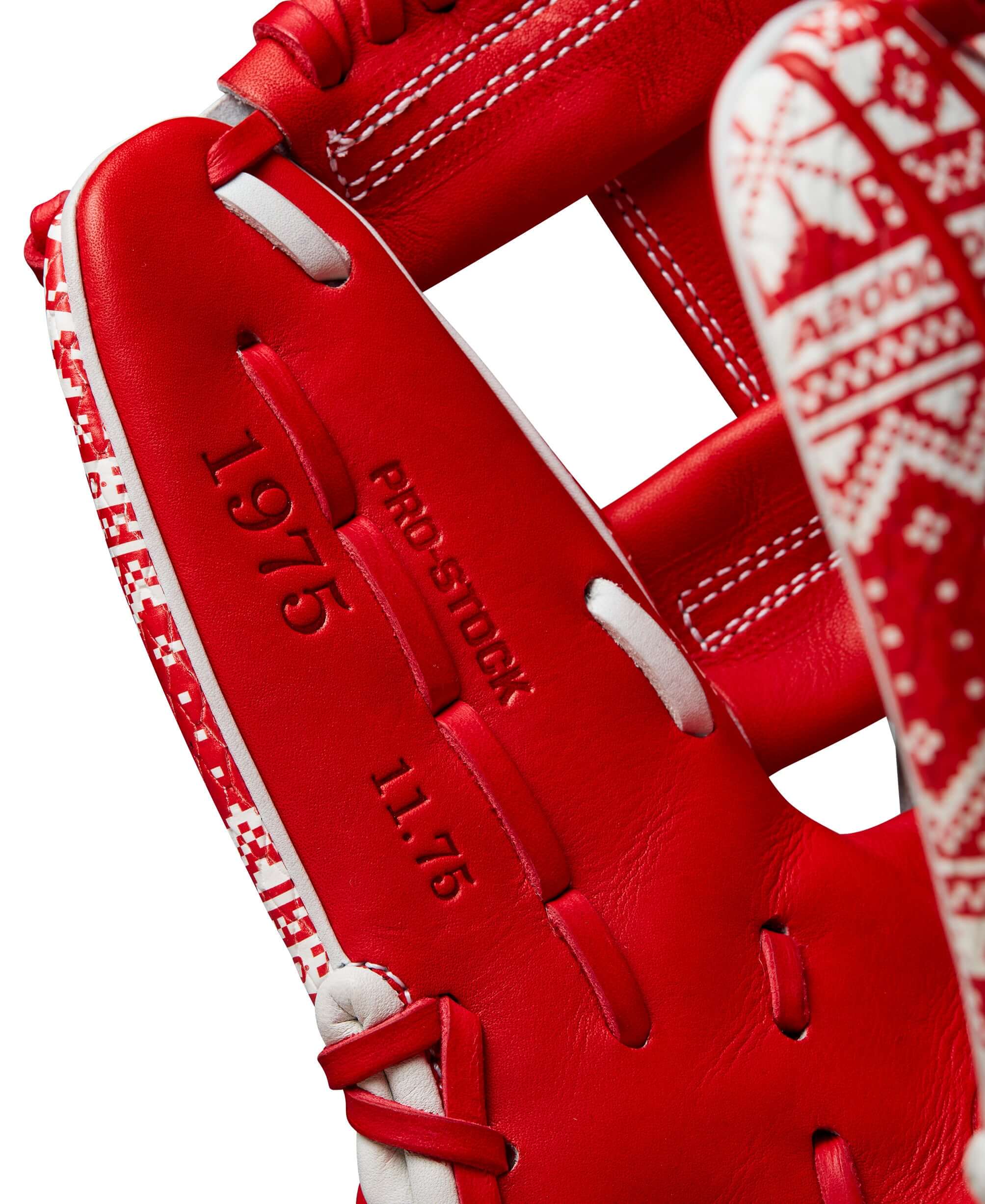 Close-up of Wilson A2000 1975 glove, showcasing red leather and holiday sweater design details.