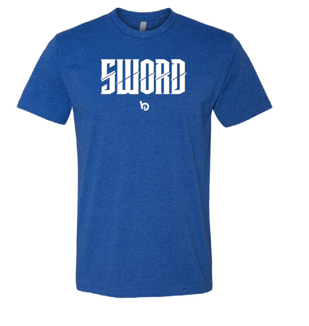 Bauer Outage Sword Logo Tee in blue featuring bold 'SWORD' text on the front, symbolizing strength and excellence.