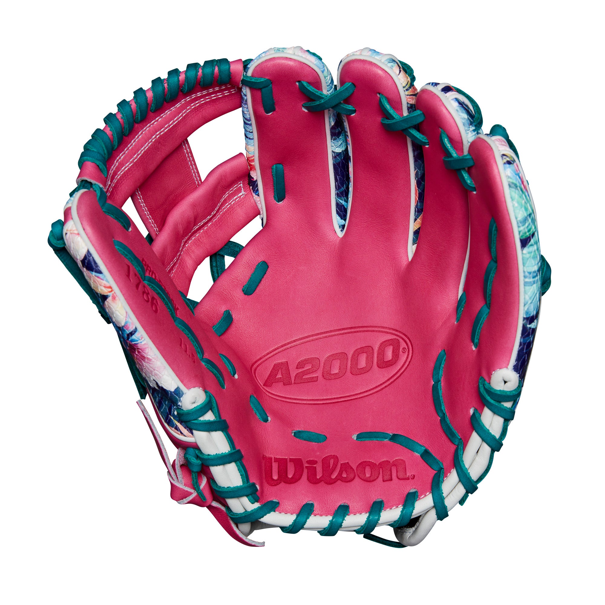 Wilson A2000 1786 Floral Glove in Flamingo Pink with SuperSnakeSkin palm, ideal for infielders' quick transfers.