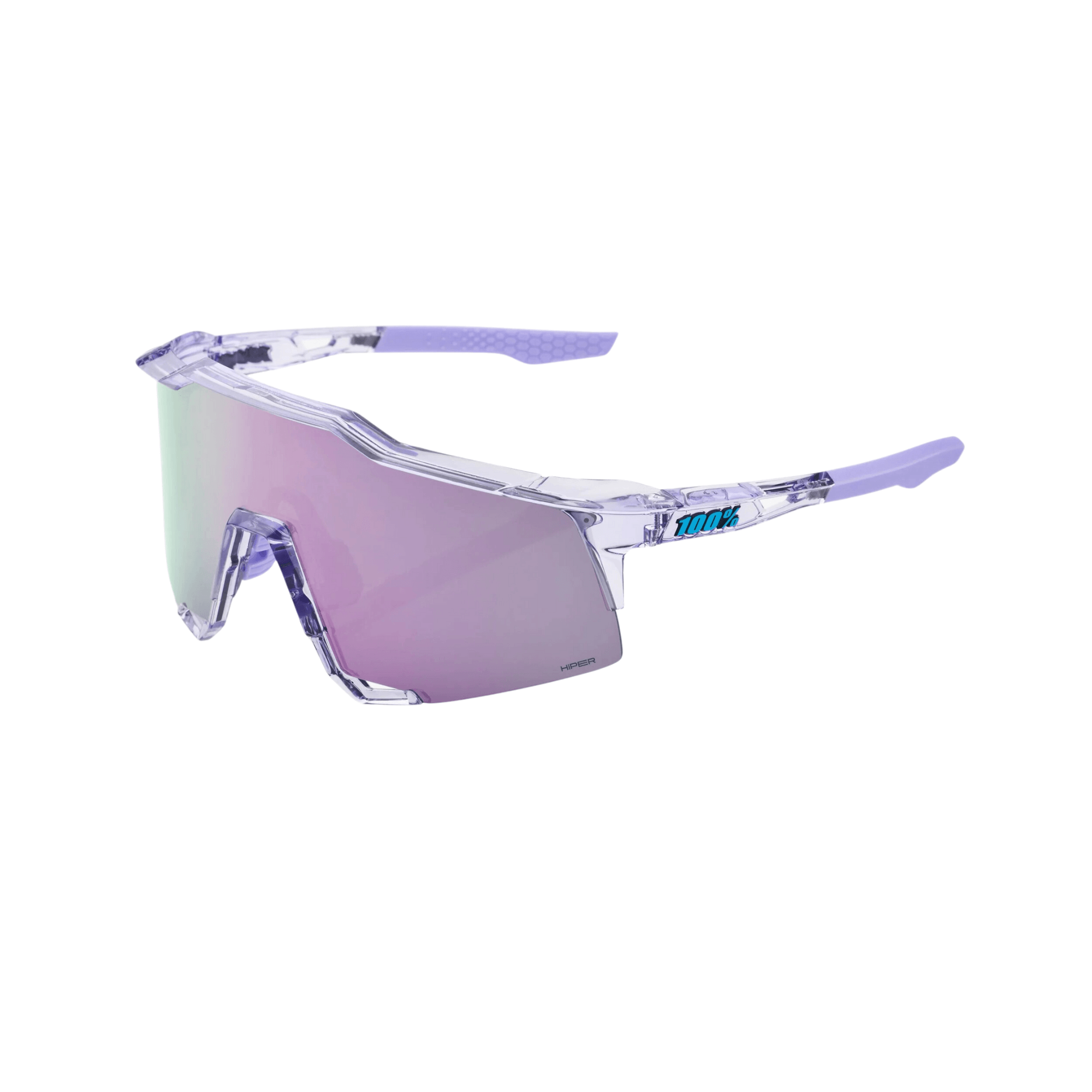 100% Speedcraft sunglasses with polished translucent lavender frame and HiPER lavender mirror lens, offering UV protection.