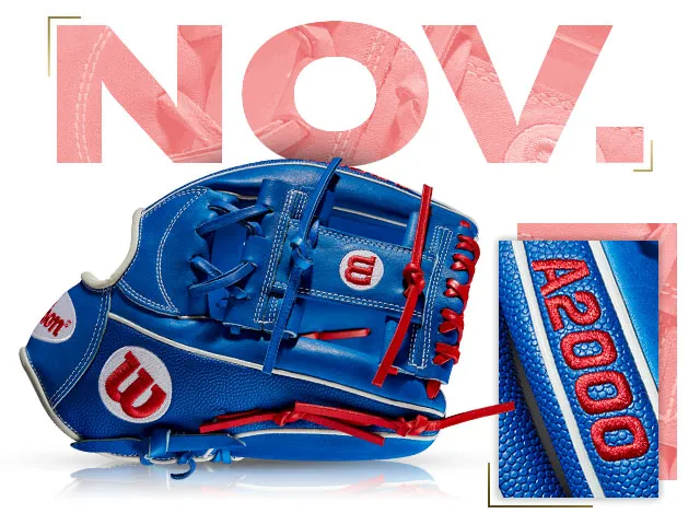 Wilson A2000 1781 SS baseball glove in blue with red accents, showcasing custom design for Vladimir Guerrero Jr., November 2019 edition.