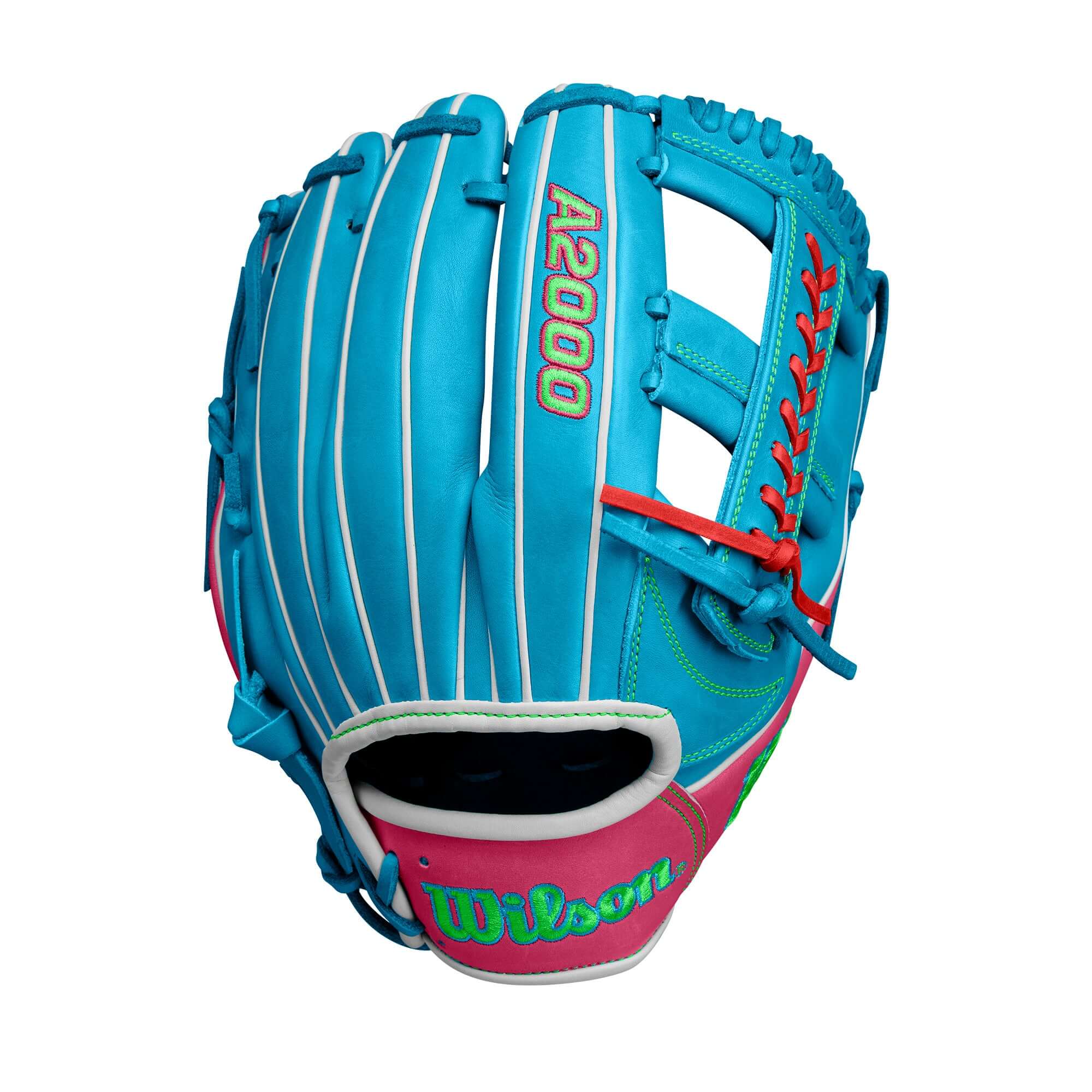 Wilson A2000 1785 11.75 Infield Glove, Sky Blue with Single Post Web & Flamingo Pink lace, Fall 2024 Model.