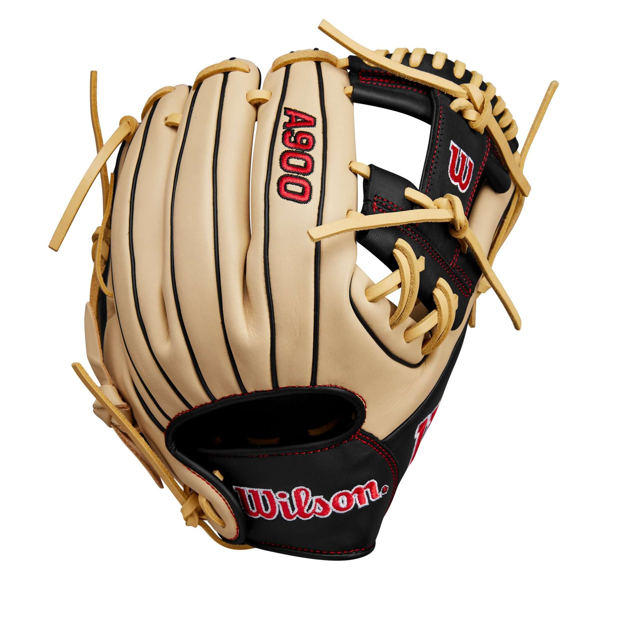 Wilson 2024 A900 PF115 Pedroia Fit baseball glove in blonde, black, and red, 11.25 inch for youth players aged 8-12.