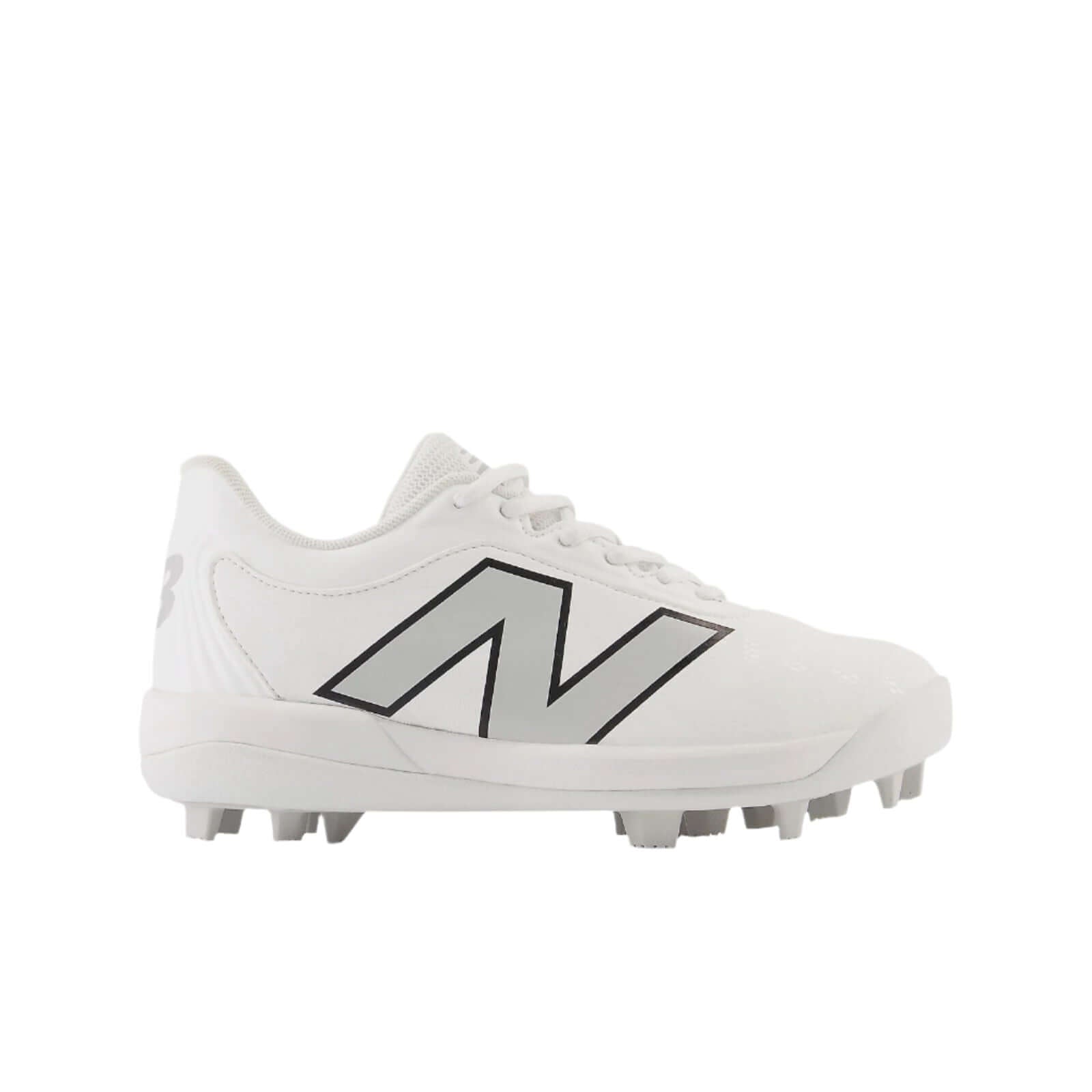 Side angle 1 of New Balance 4040v7 Youth Rubber-Molded cleat showcasing the N logo on an Optic White design.