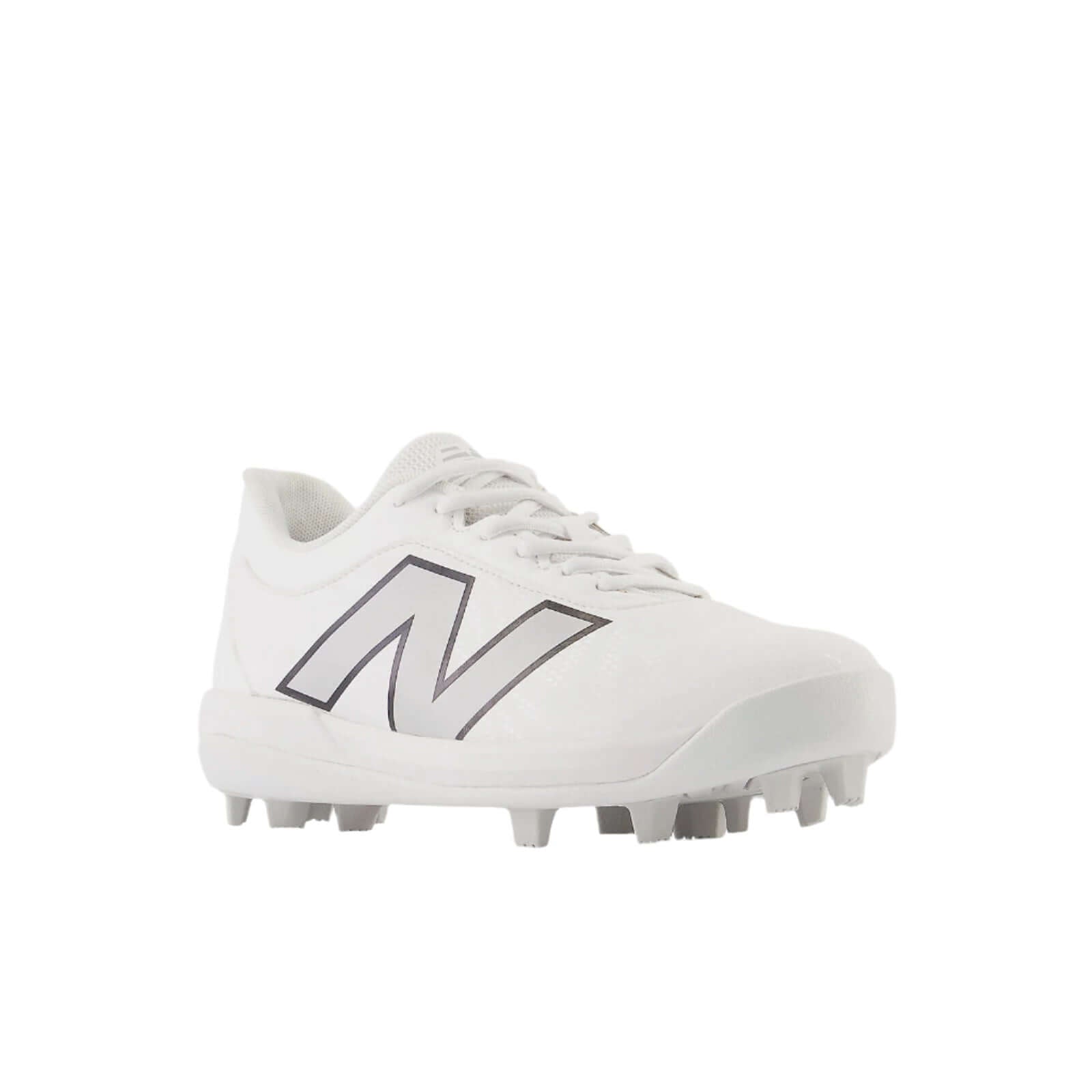 Front side angle of New Balance 4040v7 Youth Rubber-Molded cleat highlighting the sleek Optic White design and N logo.