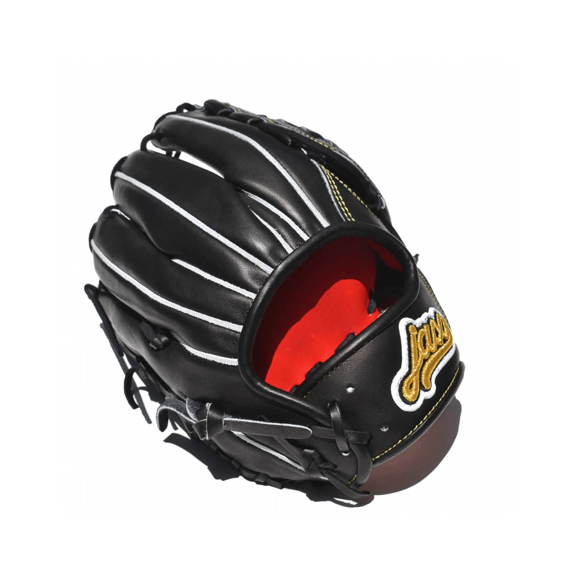 Jax DM-5 11.5-inch black infield glove with hinge basket web, gold stitching, and red palm liner.