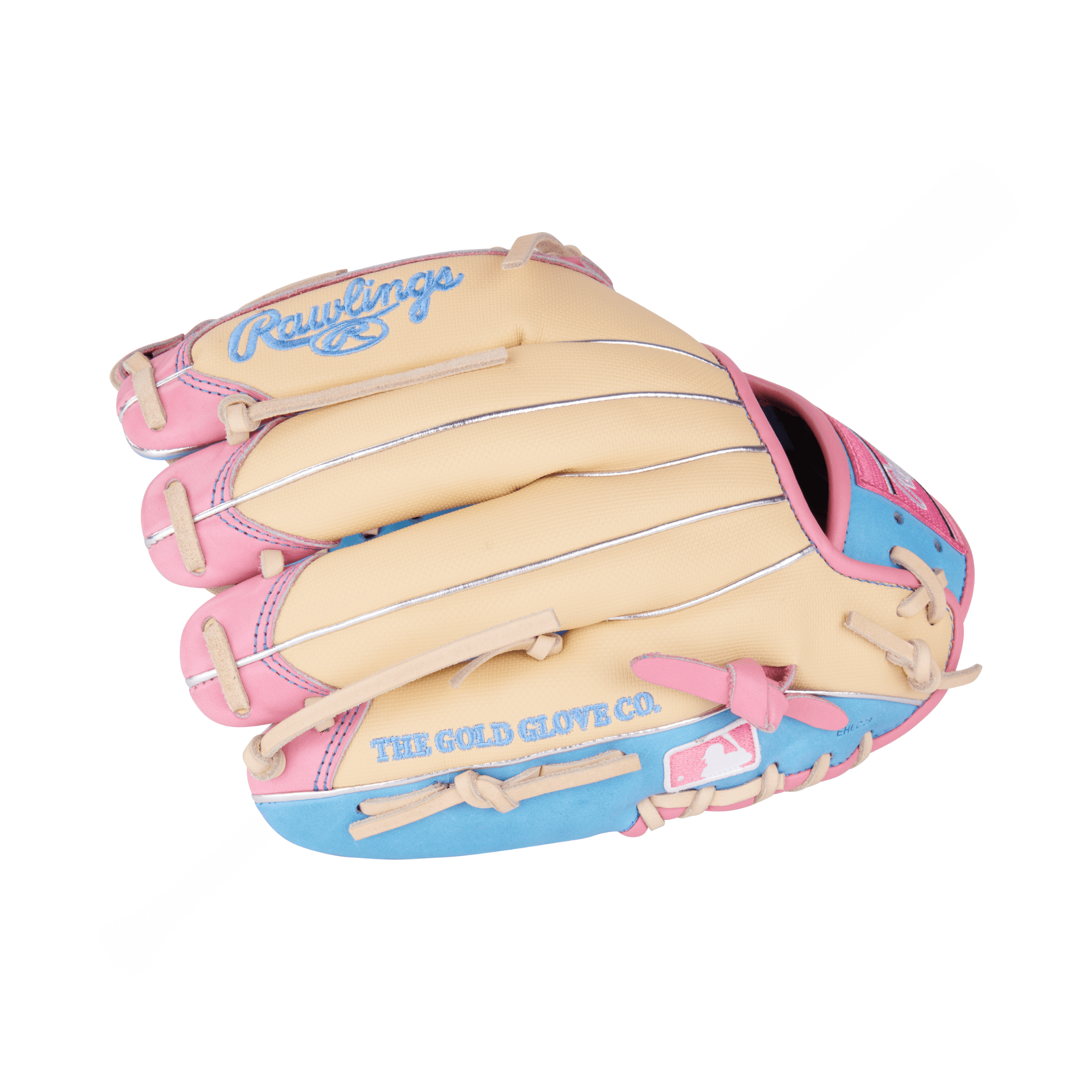 Right side and finger detail of the Rawlings PROR205-4CBSS glove displaying the pink fingertip accents and professional infield design