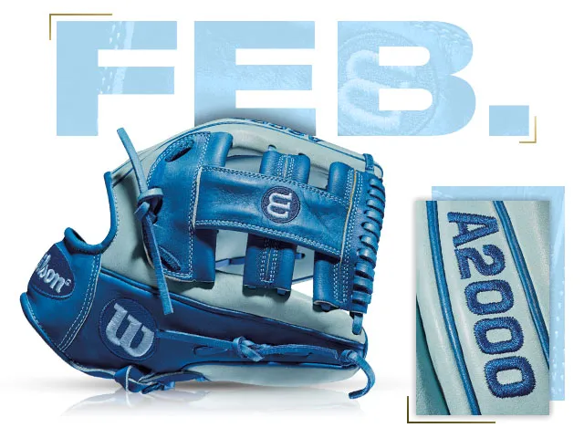 Wilson A2000 G5 glove from February 2014, featuring blue and gray design elements. Perfect for baseball enthusiasts.