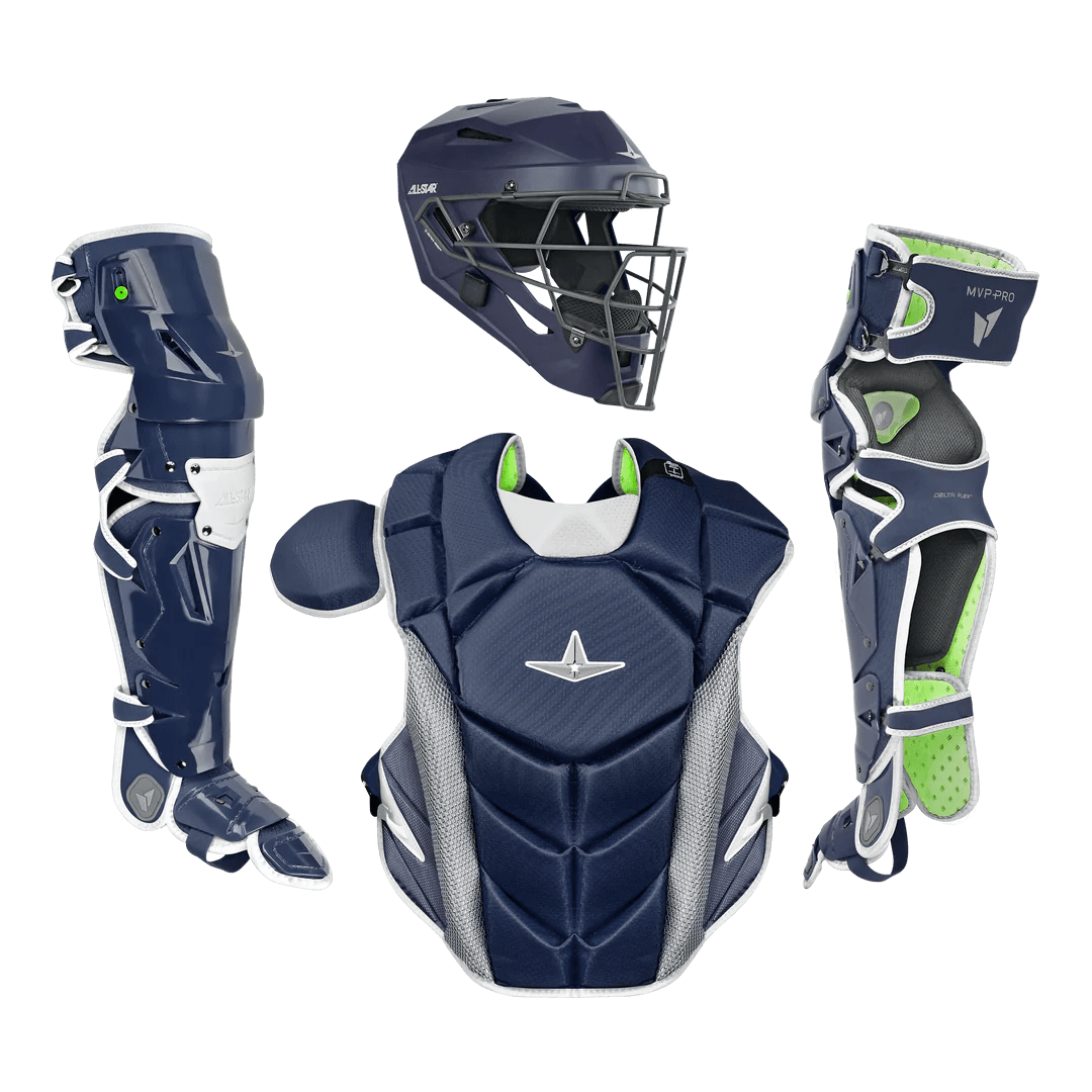 All-Star MVP-PRO Series Adult Catcher's Kit, NOCSAE certified, featuring helmet, chest protector, and leg guards for maximum protection.