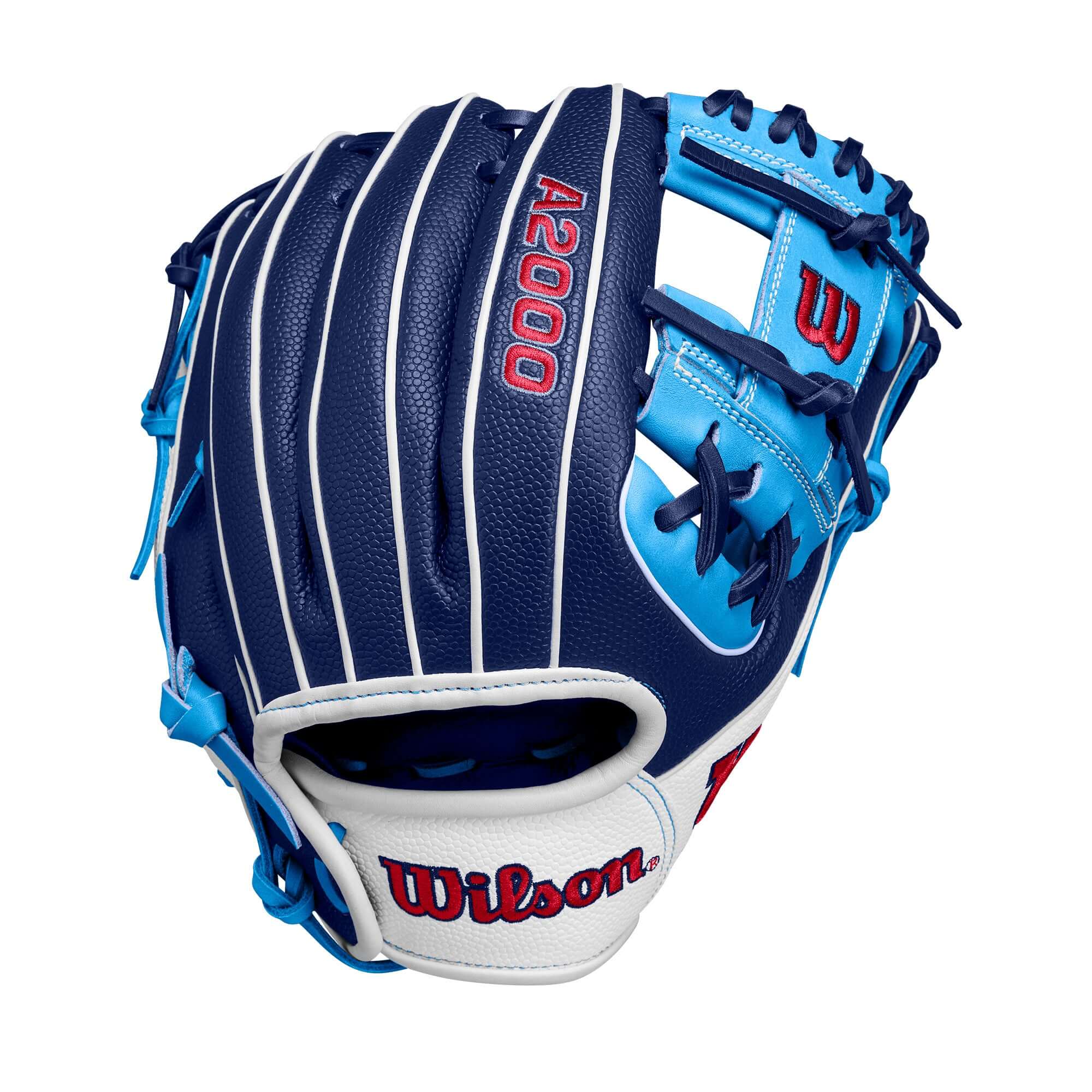 Wilson A2000 PF88SS Infield Baseball Glove, Navy/Sky Blue/White, 11.25, designed for smaller hands with Pedroia Fit Technology.