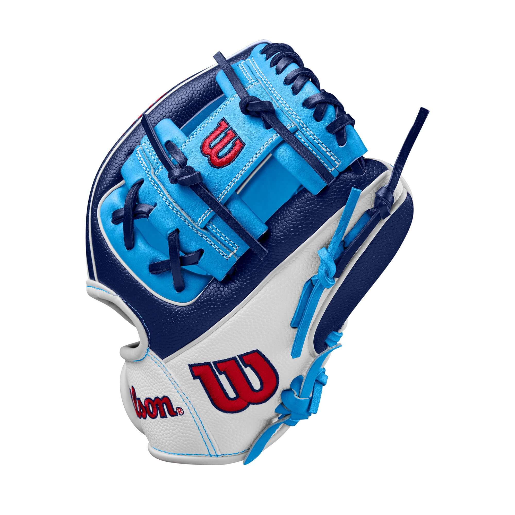 Wilson Fall 2024 A2000 PF88SS navy and sky blue infield baseball glove with Pedroia Fit for smaller hands, 11.25 inches.