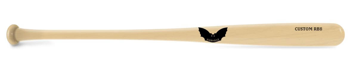 Horizontal view of Sam Bat RB8 showcasing smooth taper and professional-grade maple construction.