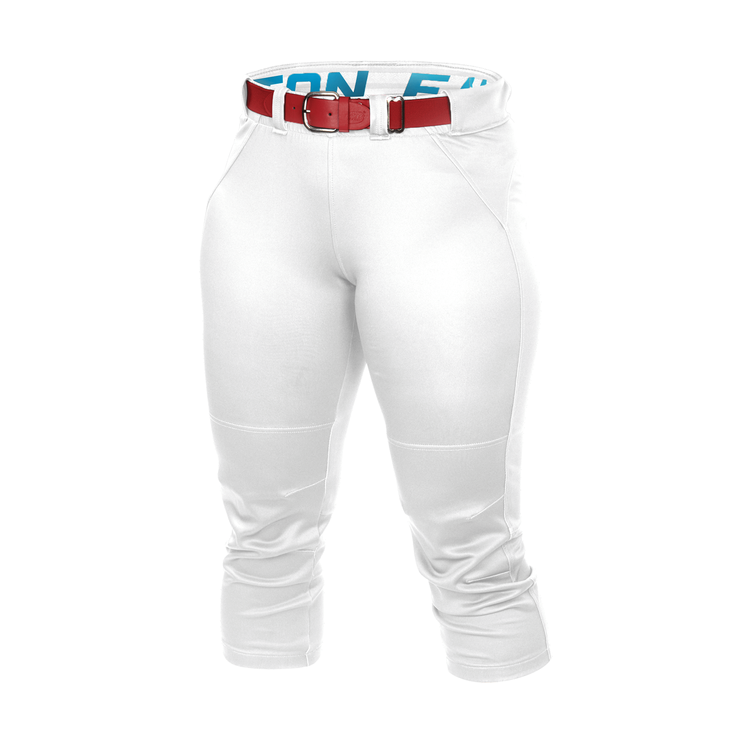 Easton Adult Gameday Stretch FP Pant in white with red belt, designed for performance and comfort in softball games.