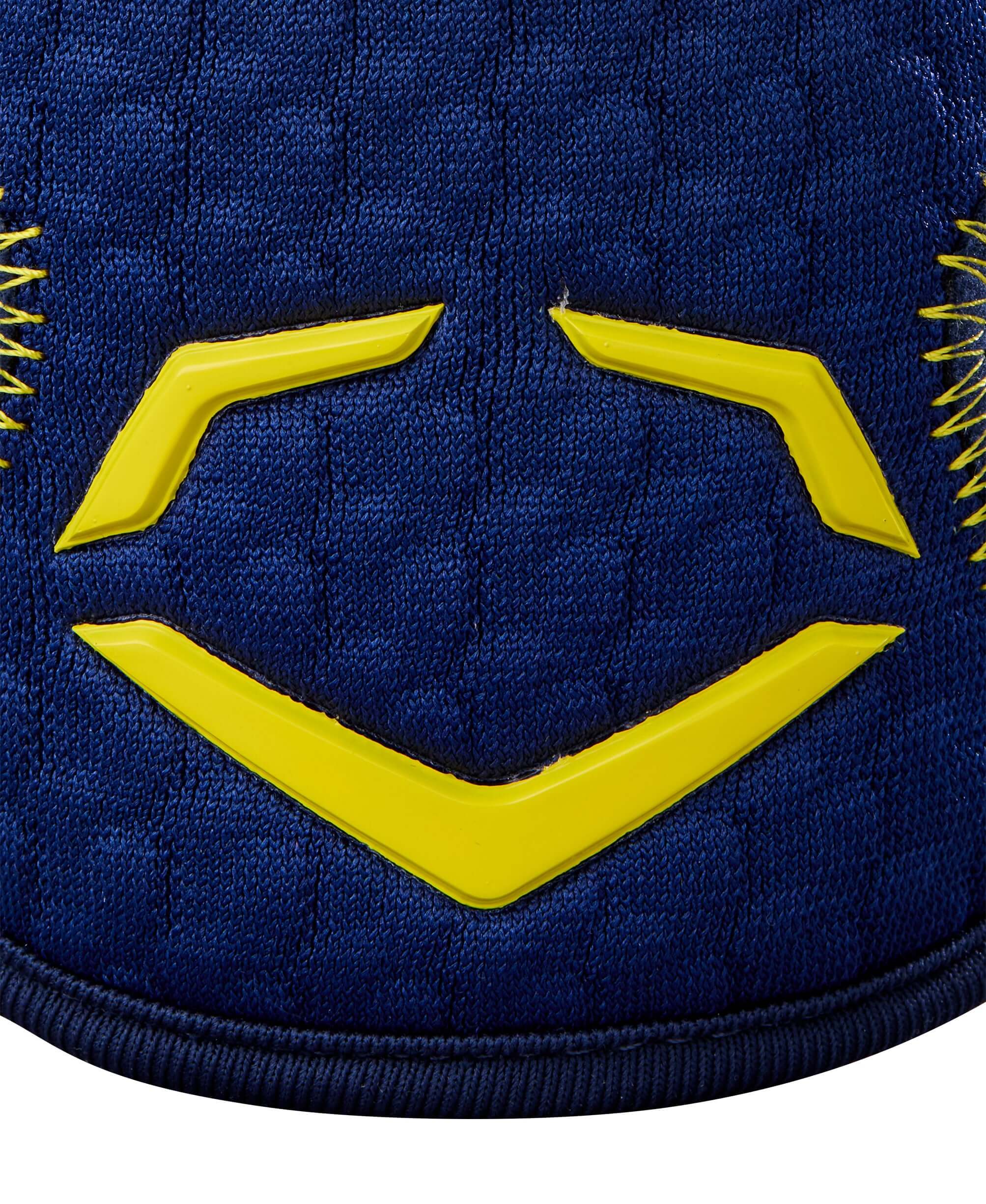 Evoshield X-SRZ elbow guard featuring navy fabric and yellow logo details for optimal protection.