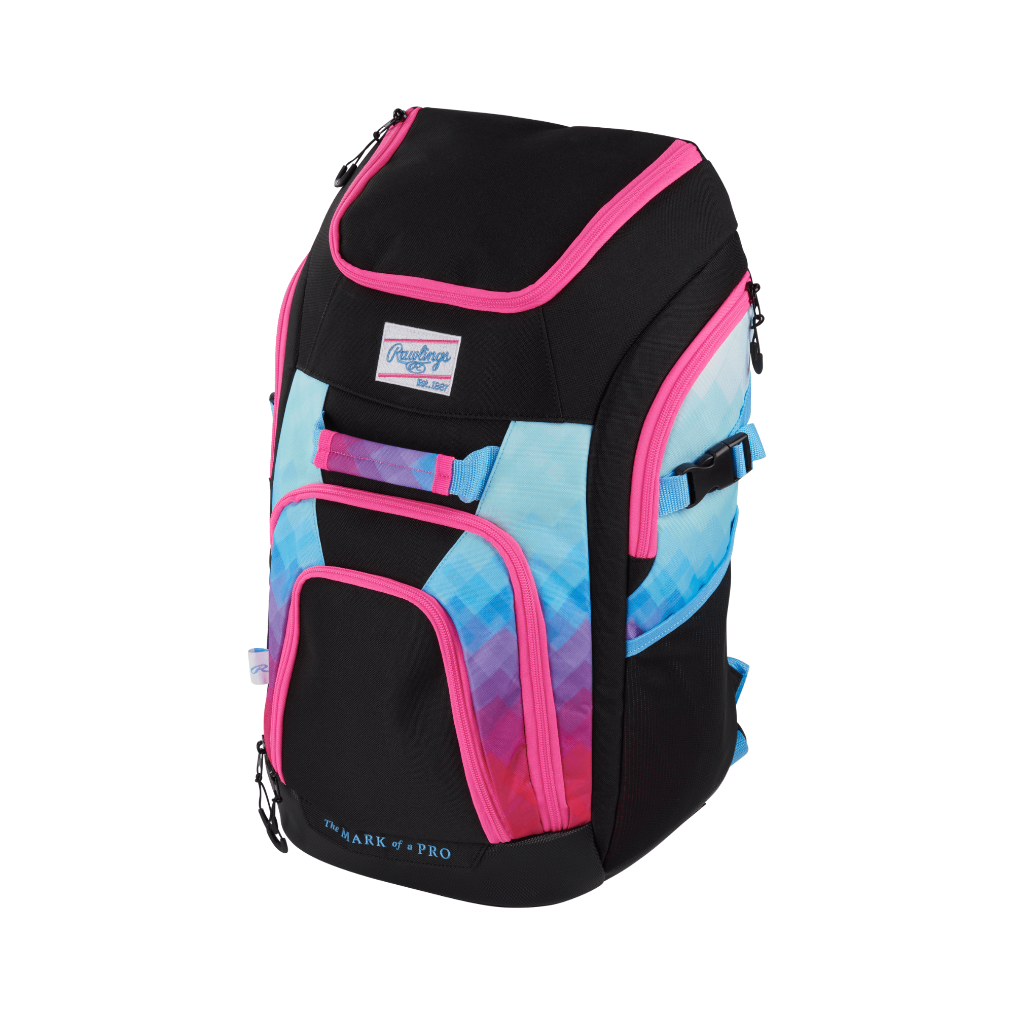 Rawlings Franchise 2 Players Backpack in Miami colorway, featuring black and pink blue design, perfect for athletes.