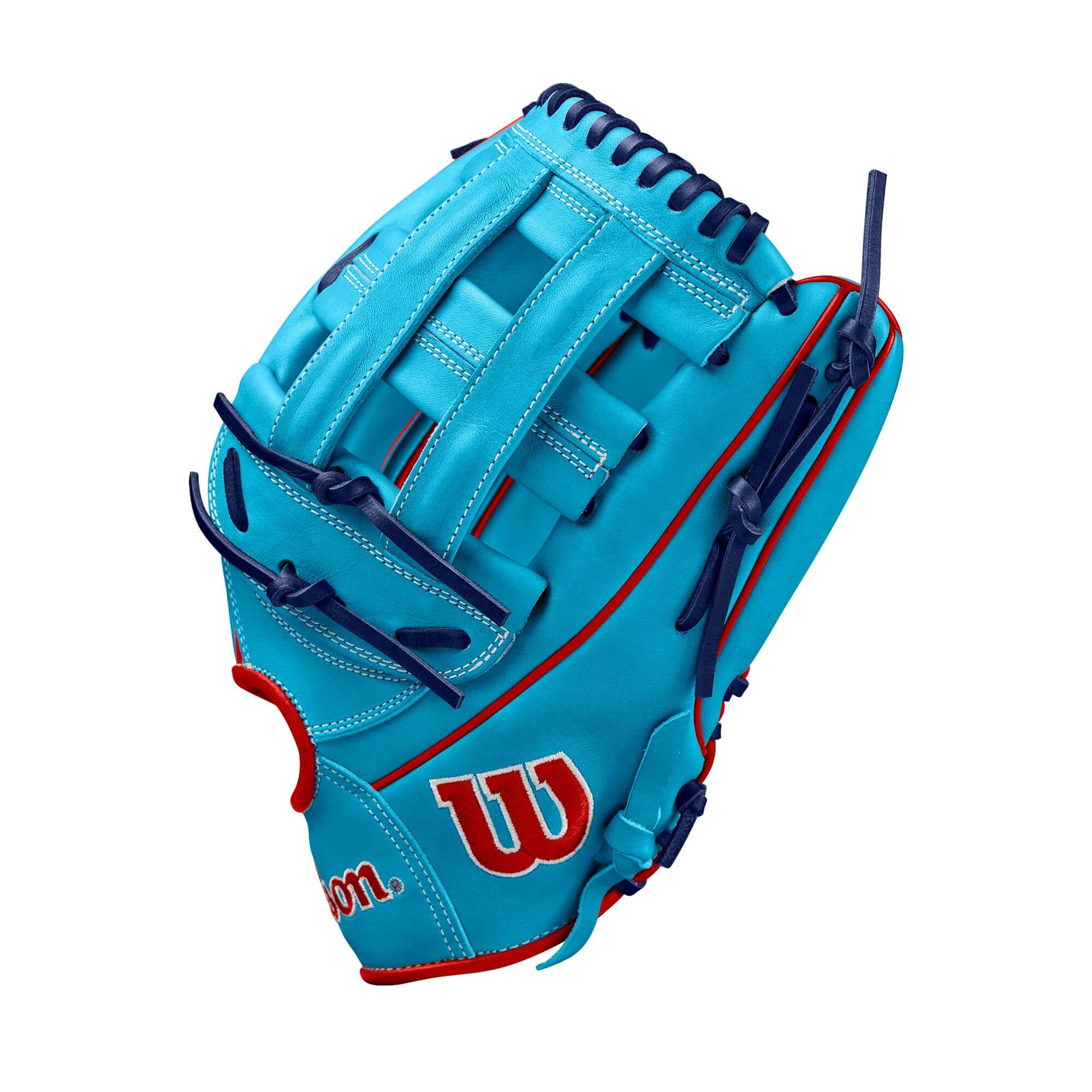 Wilson A2000 1750 Outfield Glove, Sky Blue/Red, 12.5, Pro Stock Leather, Dual Post Web, Right-Hand Throw