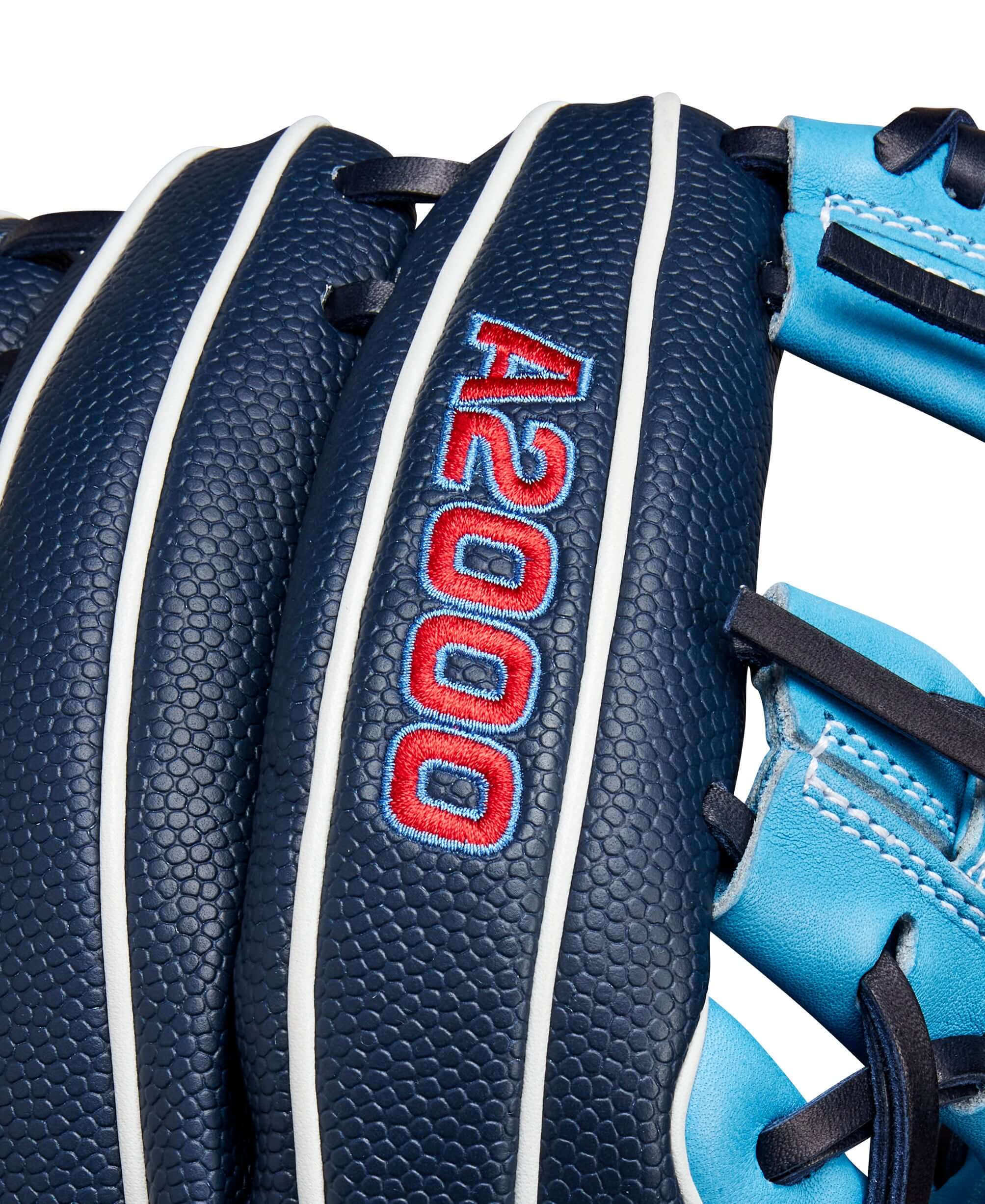 Close-up of Wilson A2000 PF88SS infield baseball glove in navy and sky blue with logo detailing.