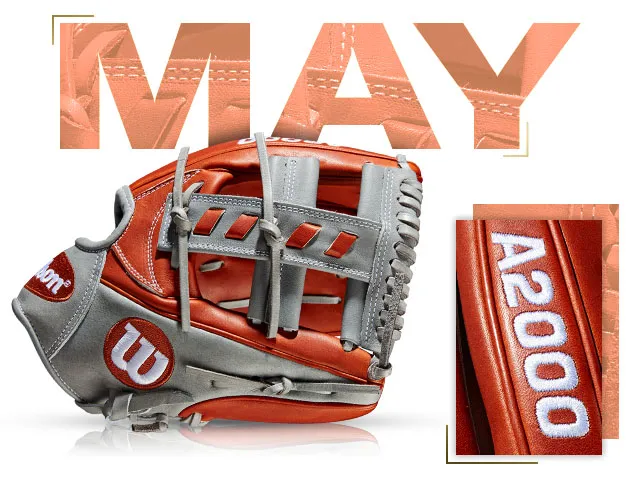 Wilson A2000 1716 baseball glove in orange and gray, featured in May 2019 GOTM promotion.