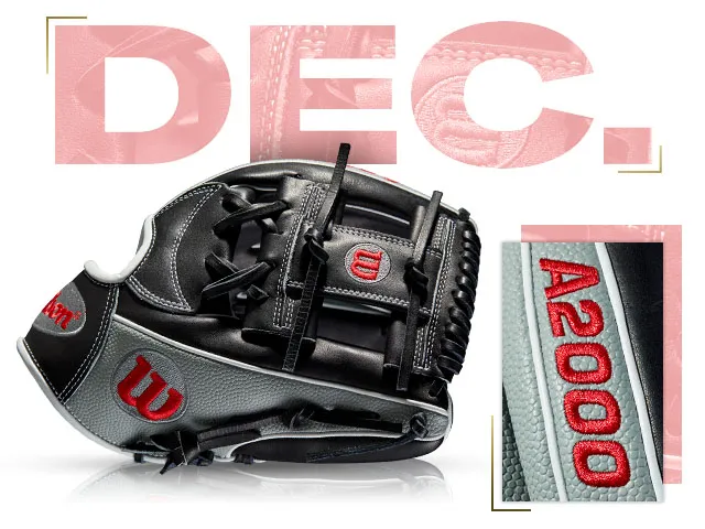 Wilson A2000 1787 SS glove with black and silver design, featuring December 2017 GOTM edition details.