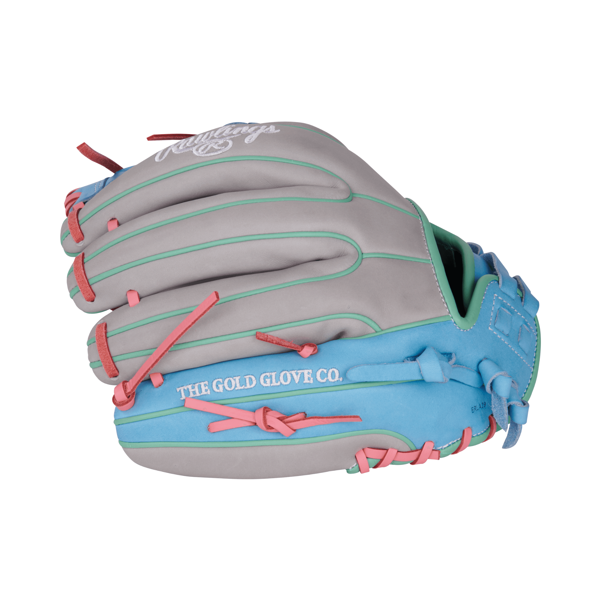 Rawlings Heart of the Hide Series Softball Glove, Gray/Columbia Blue, 12 inches, for adult fastpitch players.