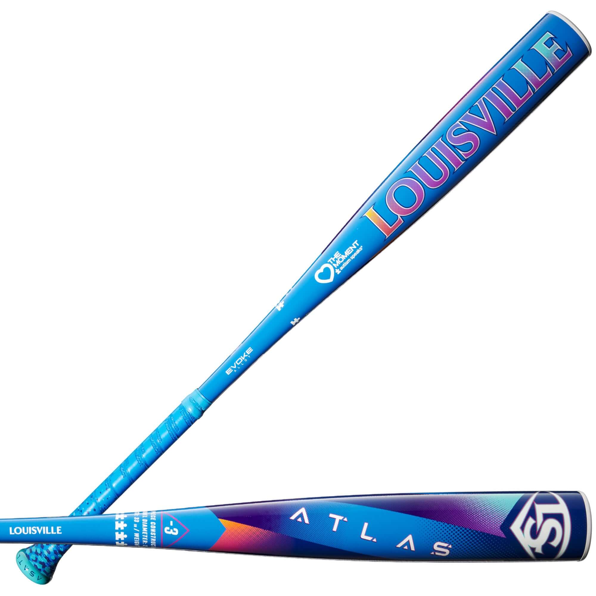 Louisville Slugger Atlas Love the Moment 2025 BBCOR (-3) baseball bat with vibrant blue colorway.