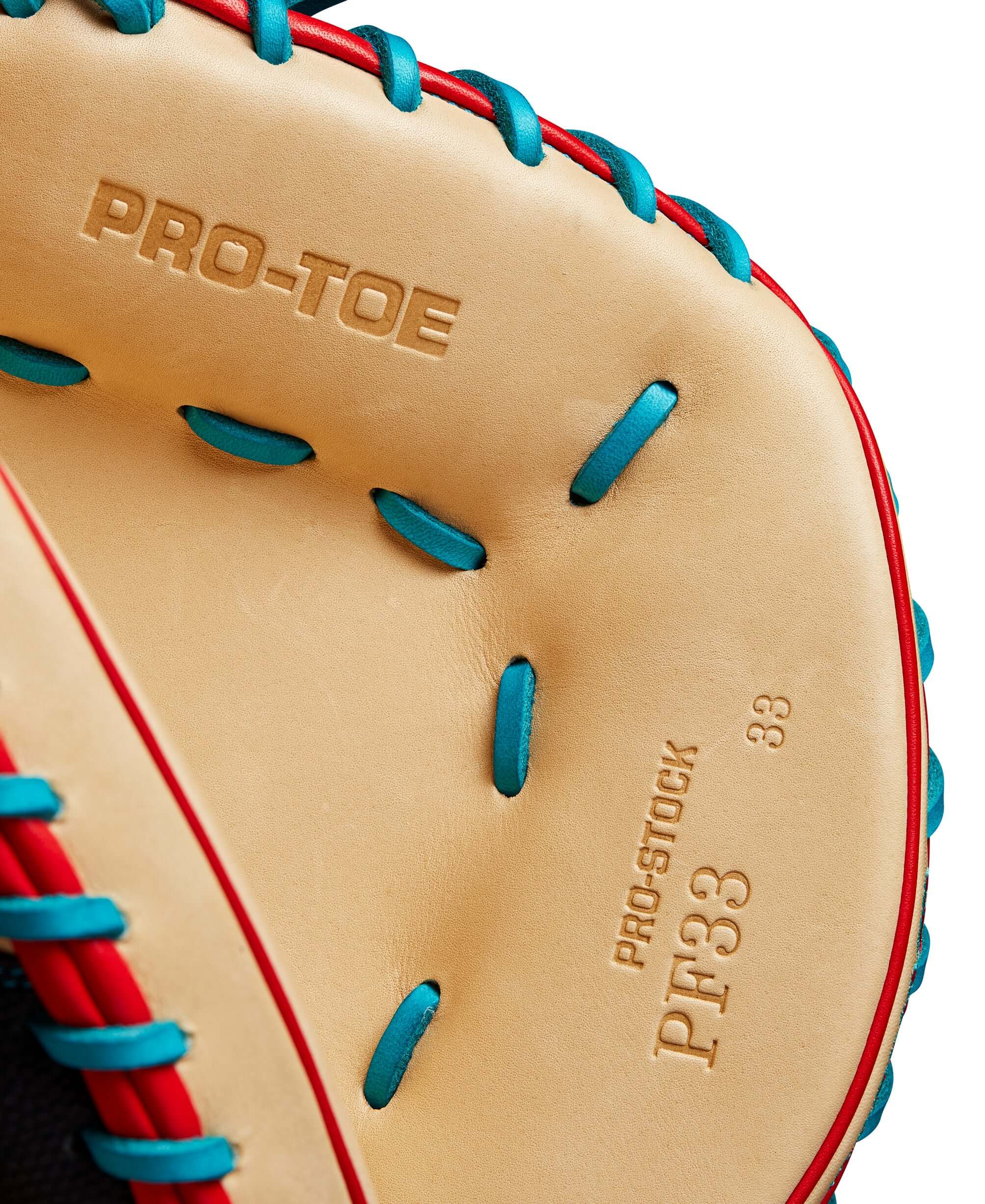 Close-up of Wilson A2000 PF33 catcher's mitt showing Pro-Stock leather and stitching details in black and blonde.