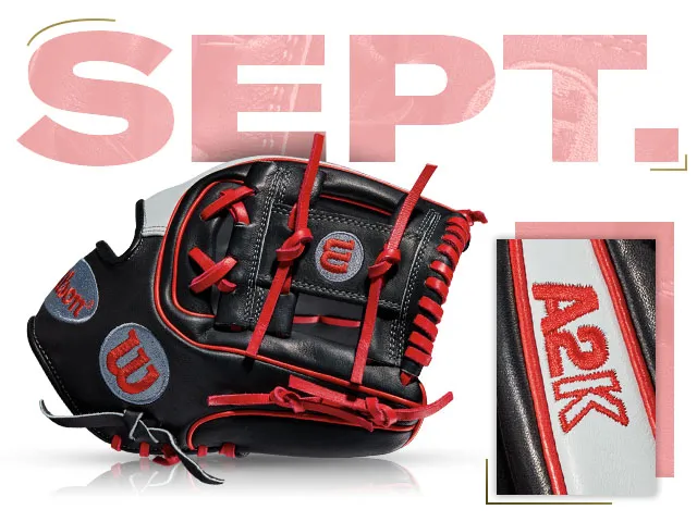 Wilson A2K DATDUDE glove with red accents and September graphic, part of the 2015 Fan Vote collection.