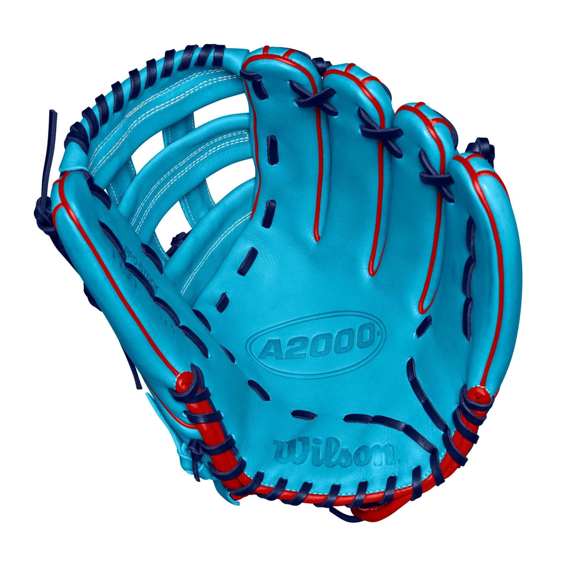 Wilson A2000 1750 Outfield Glove, Sky Blue/Red, 12.5, Pro Stock Leather, Dual Post Web, Right-Hand Throw