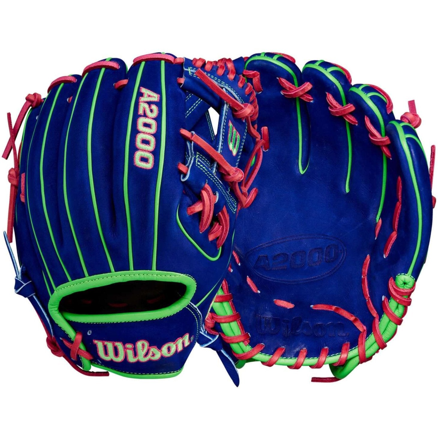 Wilson A2000 January 2024 Glove of the Month, 11.5-inch, Blue Velvet with Neon Green and Flamingo Pink accents