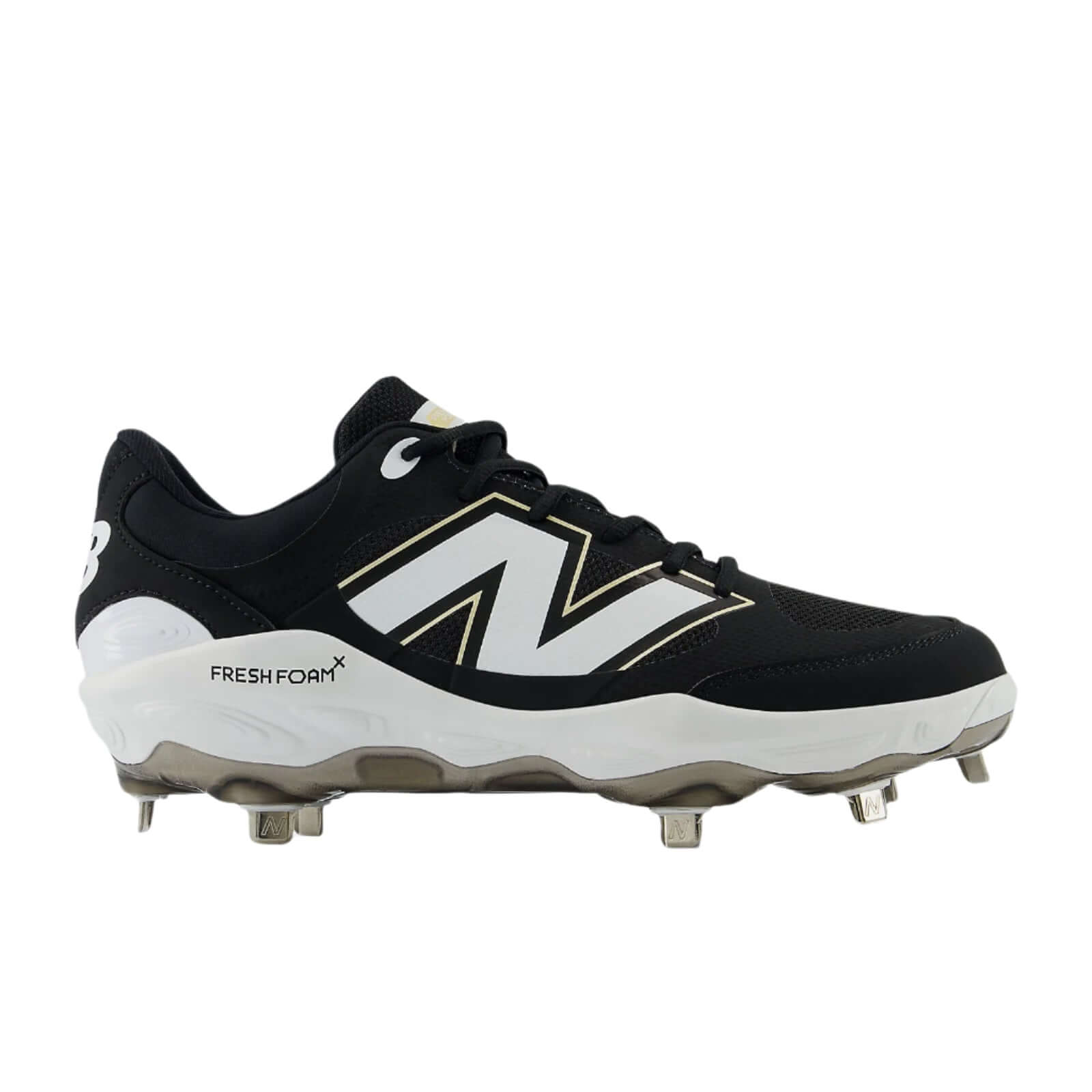  Front side angle of New Balance Fresh Foam X 3000v7 cleat showing the gusseted tongue and N logo in Black.