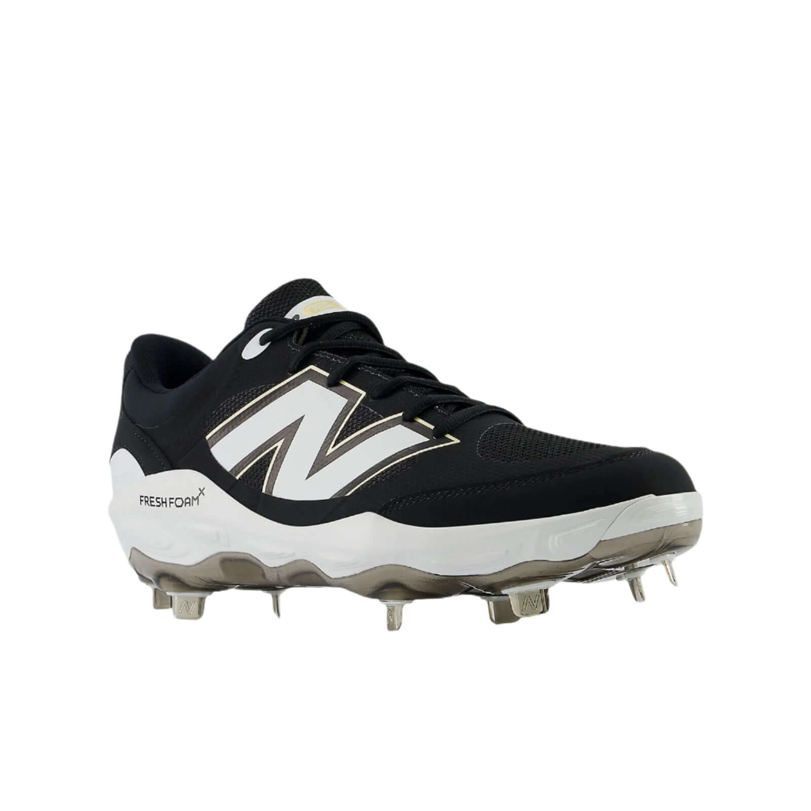 Side angle 2 of New Balance Fresh Foam X 3000v7 cleat showcasing synthetic overlays with no-sew elements in Black.